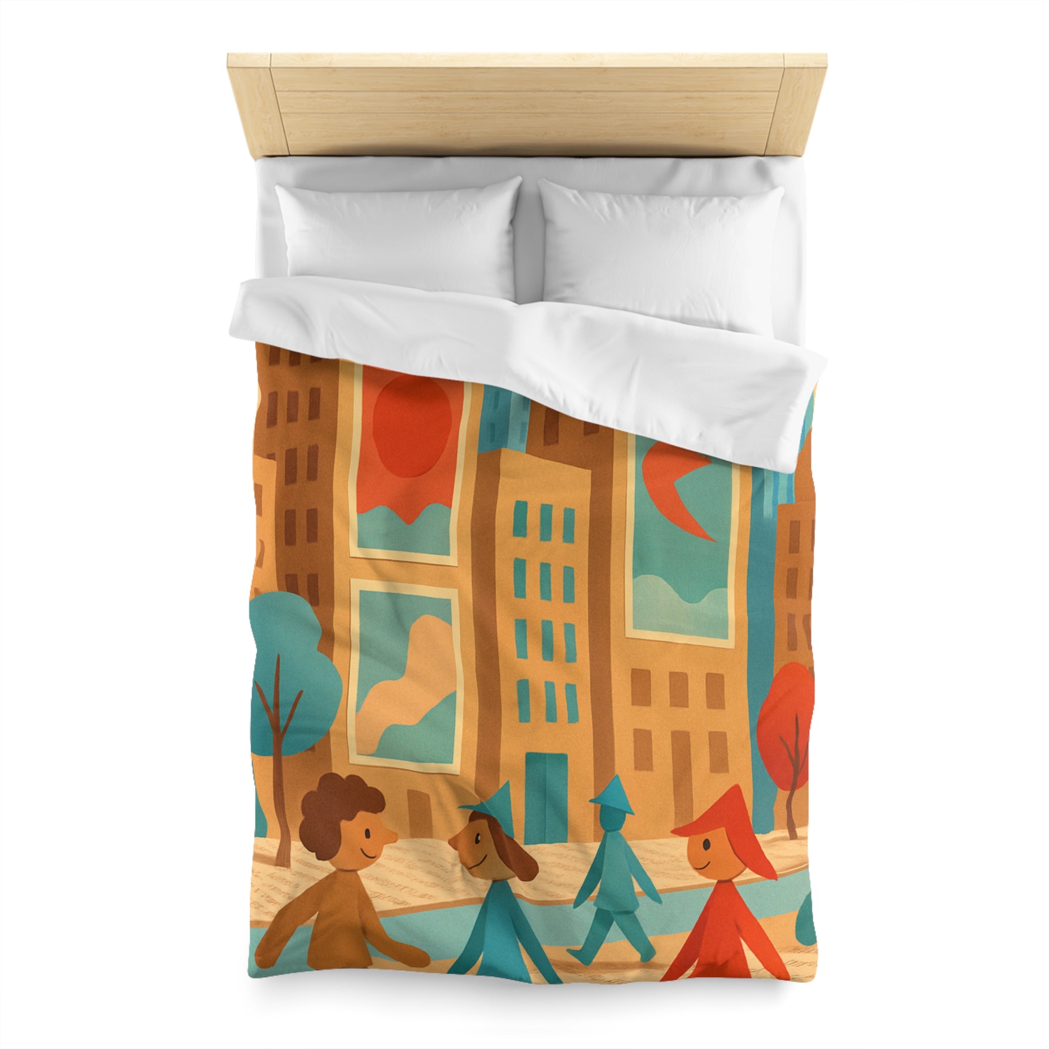 Housse de couette urbaine vintage : architecture colorée, silhouettes géométriques, ambiance rétro joyeuse