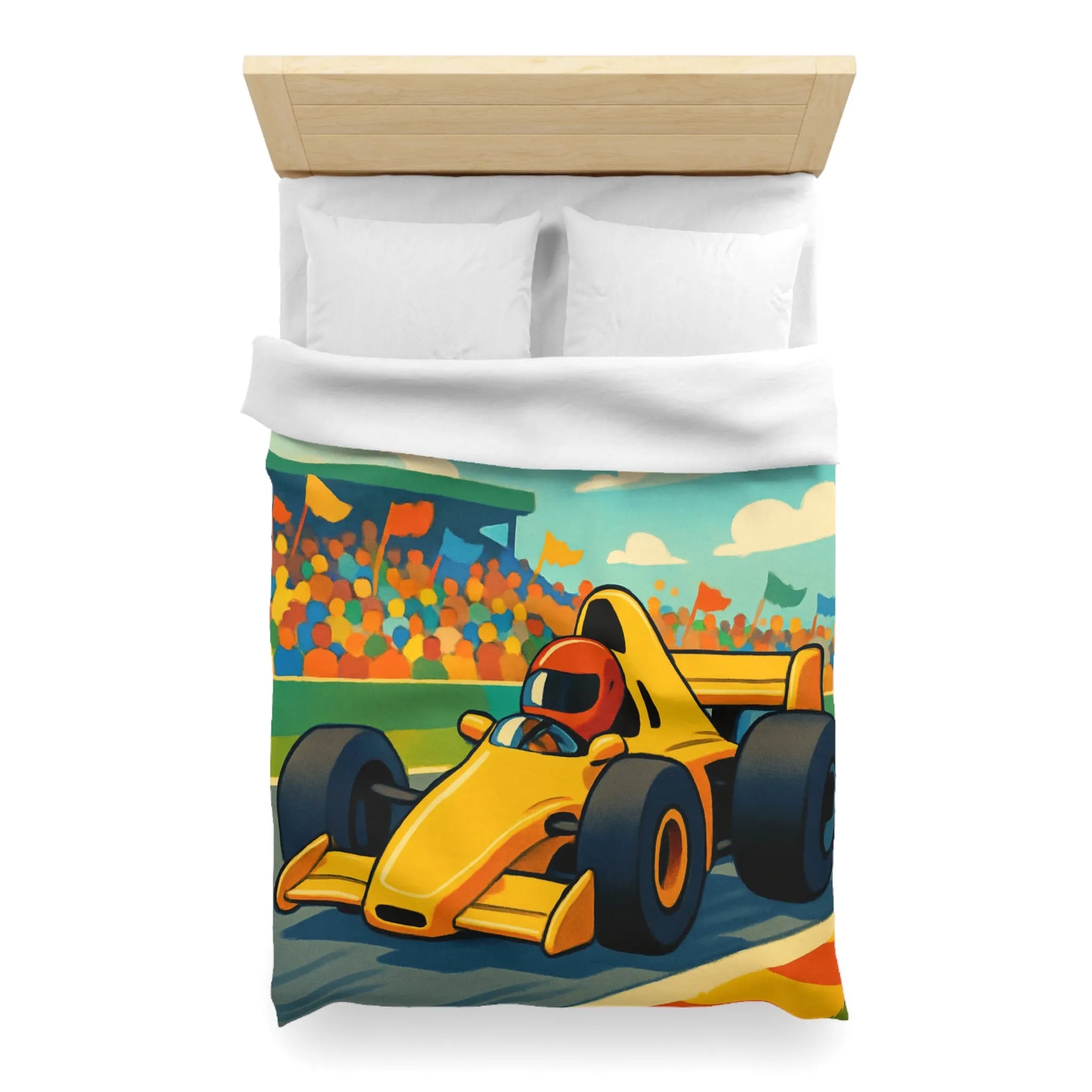 Housse de couette enfant voiture de course jaune circuit ambiance dynamique et colorée