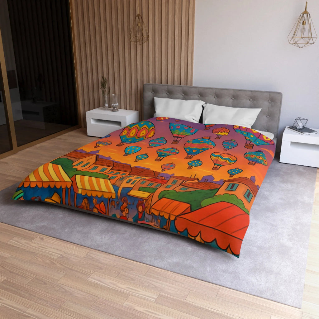 Housse de couette avec montgolfières colorées sur ciel au crépuscule villageois animé