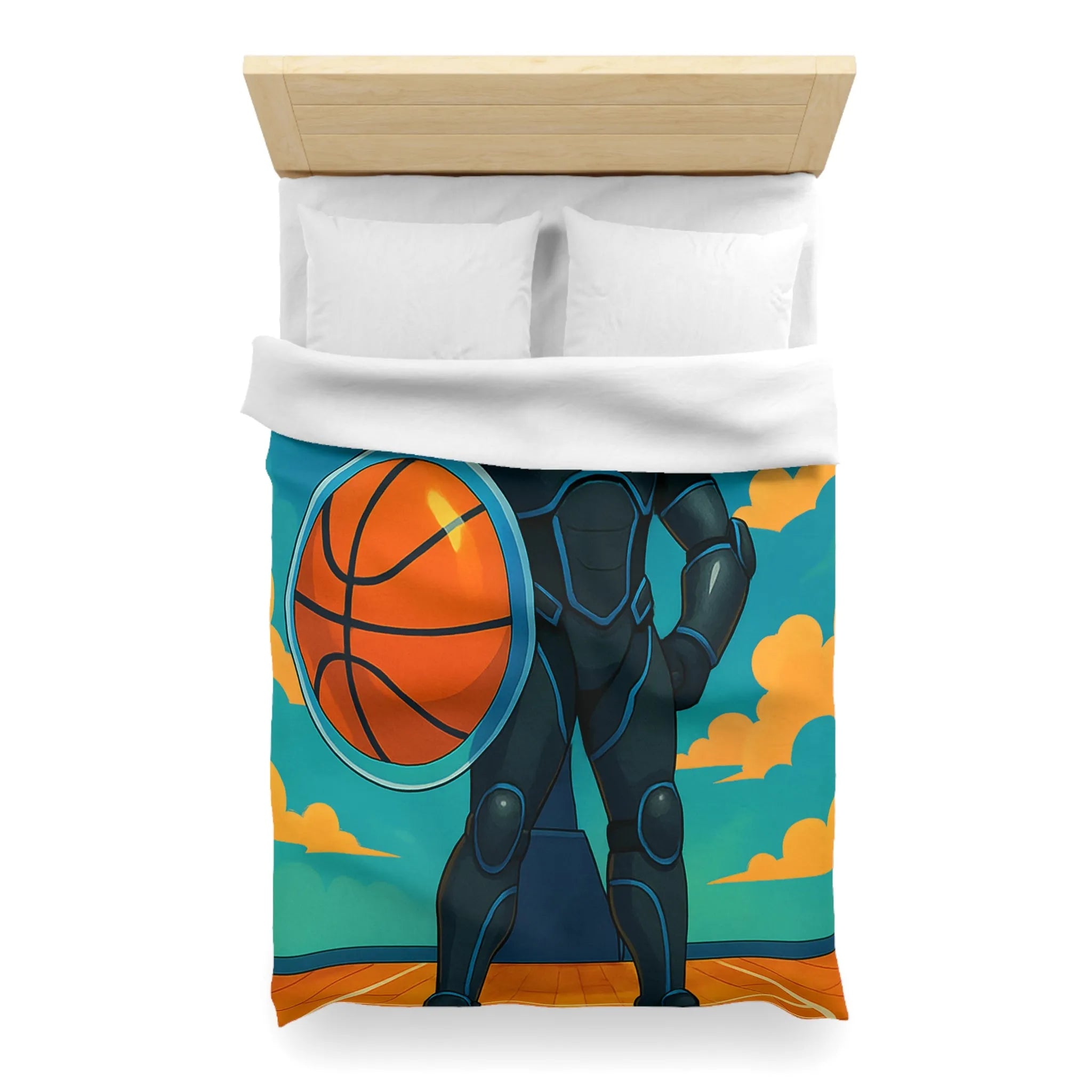 Housse de couette avec illustration d'un joueur de basket héroïque sous un ciel vibrant