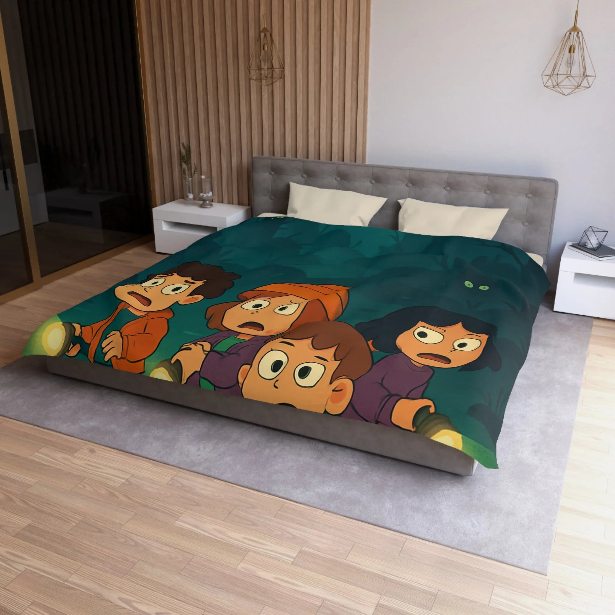 Housse de couette illustrée avec enfants explorant forêt mystérieuse par nuit de pleine lune