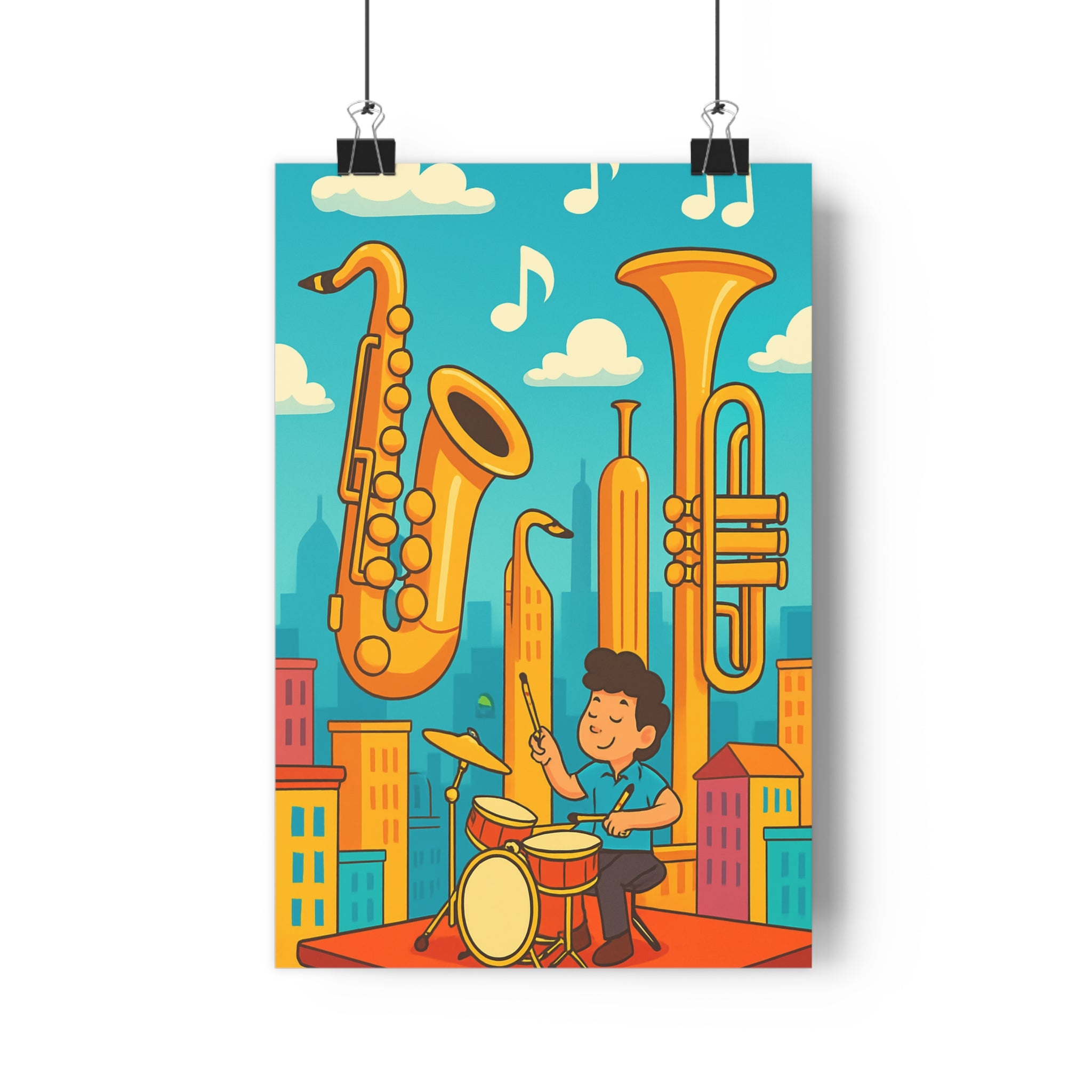 Poster décoratif jazz futuriste bleu jaune cartoon salon ambiance dynamique musique moderne instruments qualité