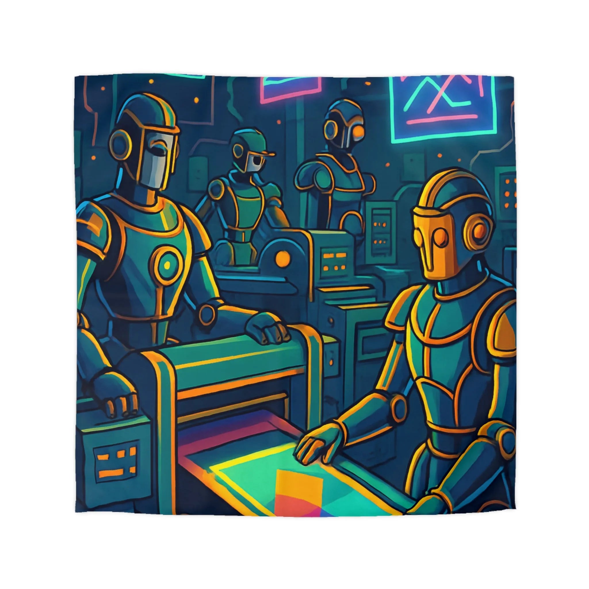 Housse de Couette Design Futuriste avec Robots Néons et Motifs Géométriques Vibrants