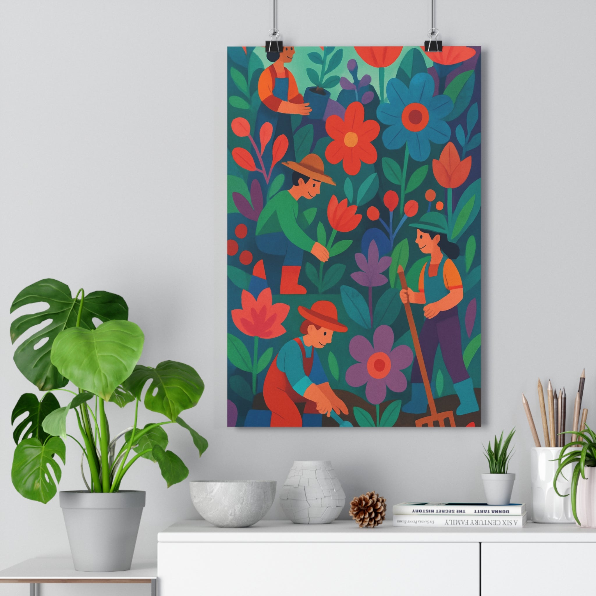 Poster décoratif vibrant floral rouge bleu violet ludique joyeux chambre salon bureau illustration jardinier