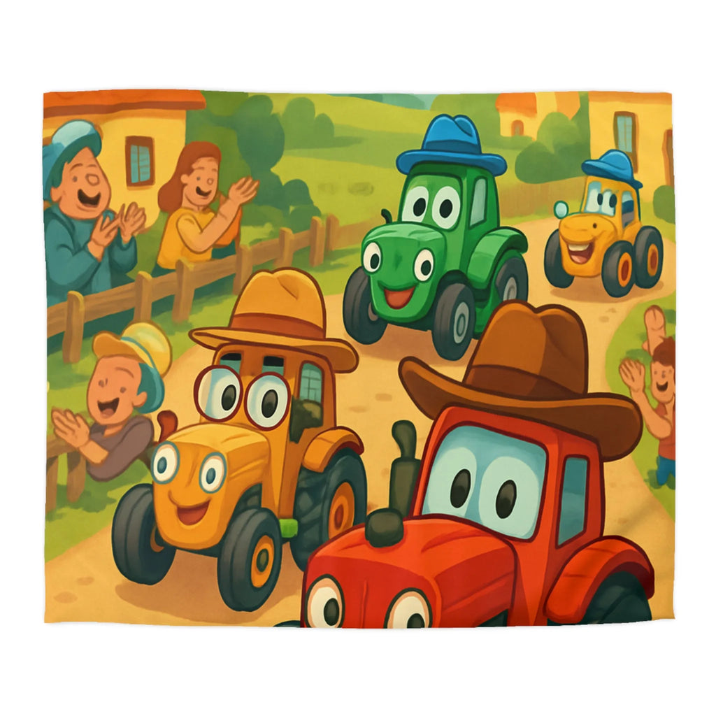 Housse de Couette Enfants Motif Tracteurs Souriants Champs Paysans Ensoleillés et Amusants