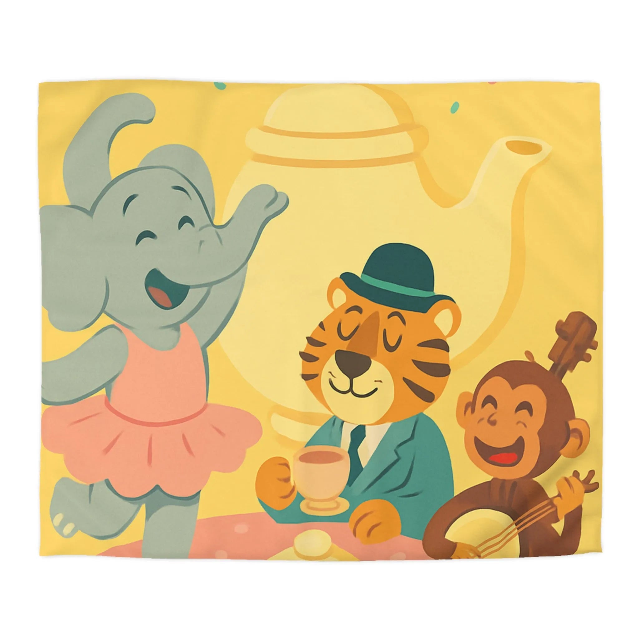 Housse de couette enfantine colorée avec éléphant, tigre et singe en fête joyeuse
