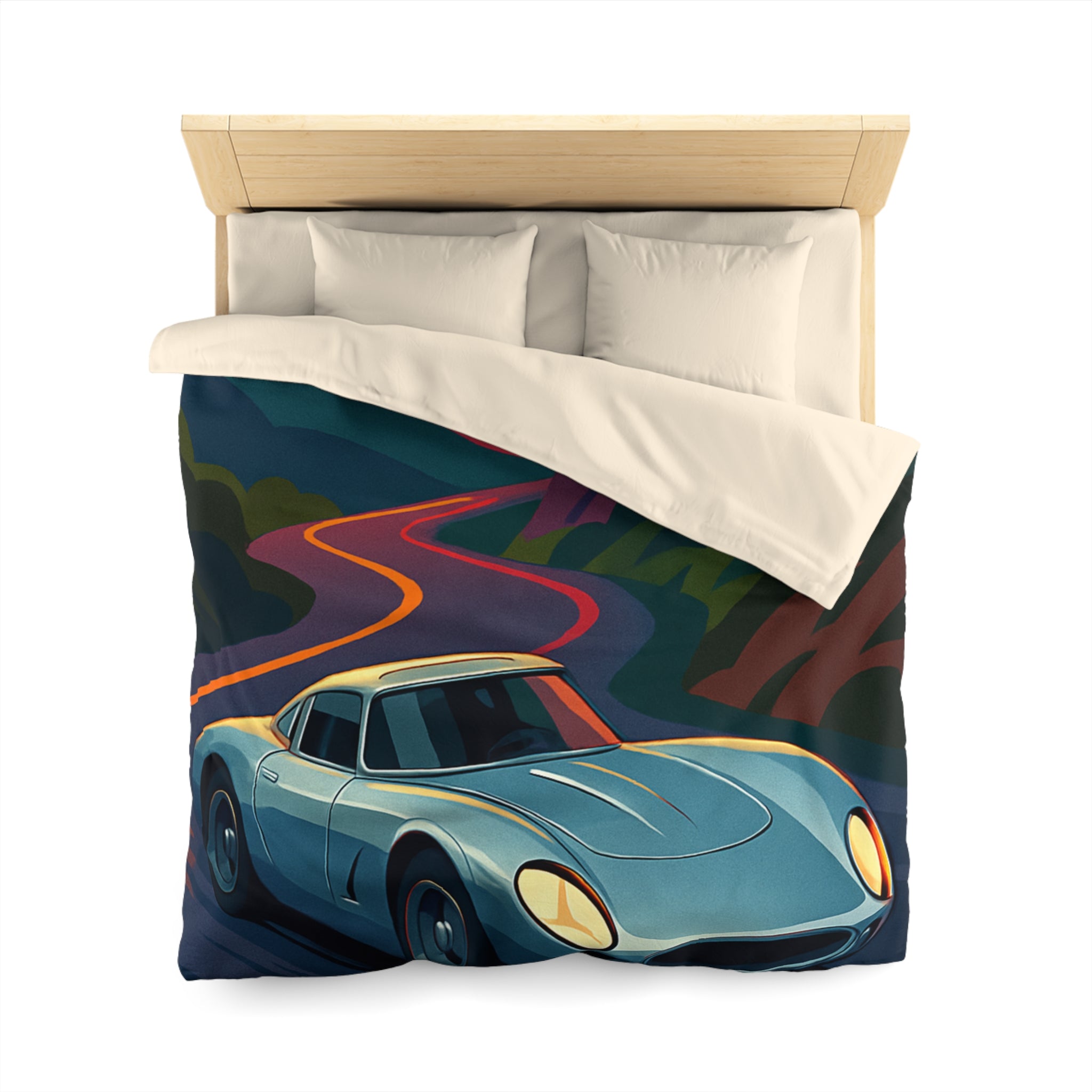 Housse de couette voiture sportive vintage sur route sinueuse au coucher de soleil vibrant