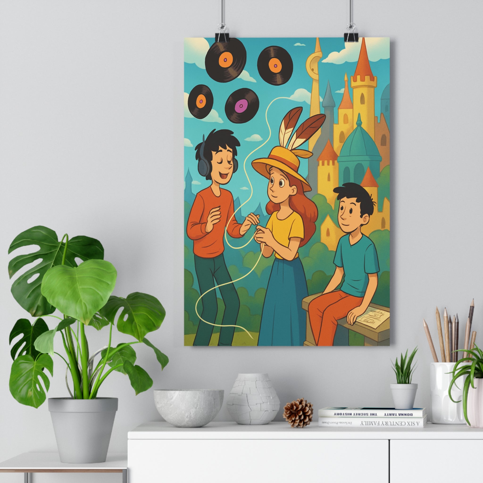 Poster décoratif surréaliste coloré bleu nuageux joyeux chambre salon musique personnages château unique qualité