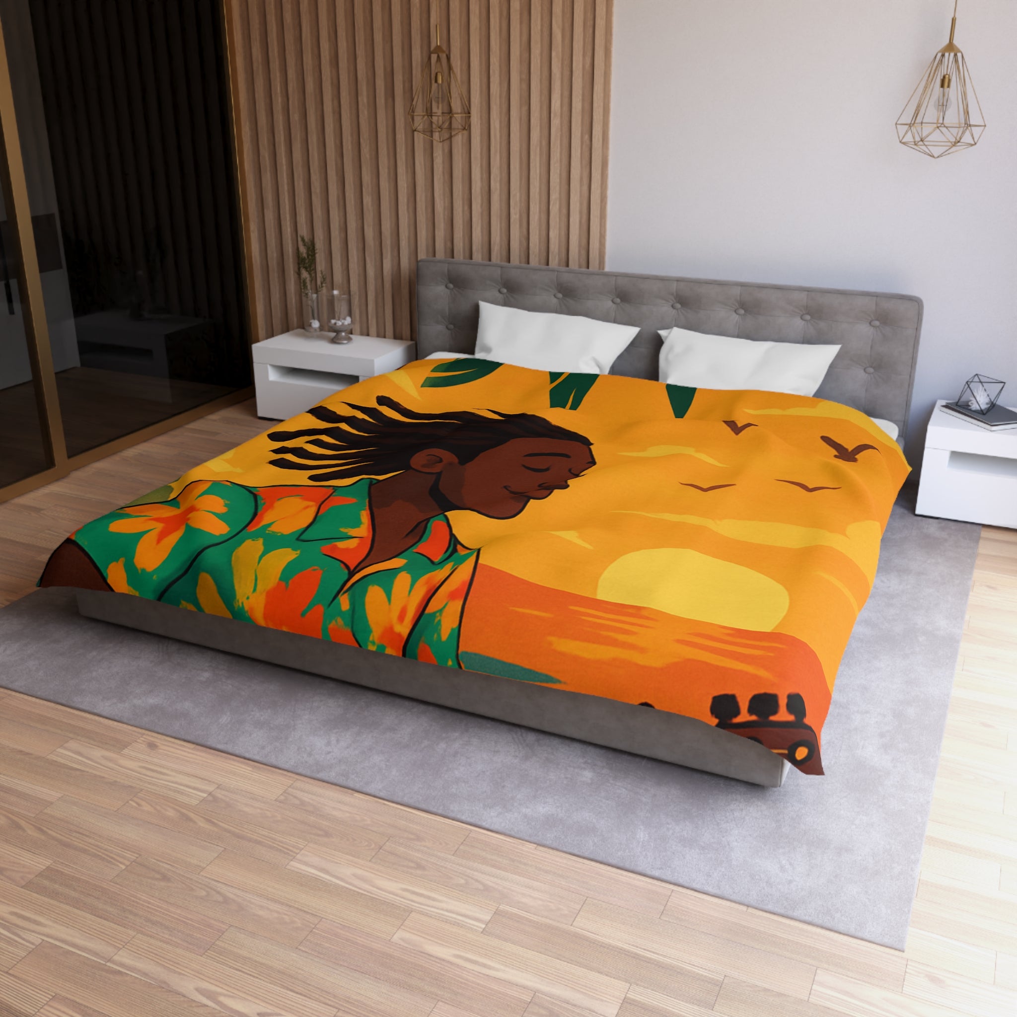 Housse de couette tropicale avec musique, coucher de soleil et palmiers exotiques pour chambre