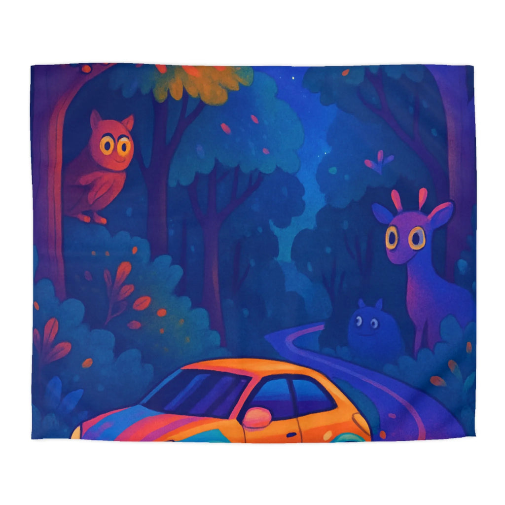 Housse de couette forêt magique avec voiture et animaux, ambiance nocturne colorée fantastique