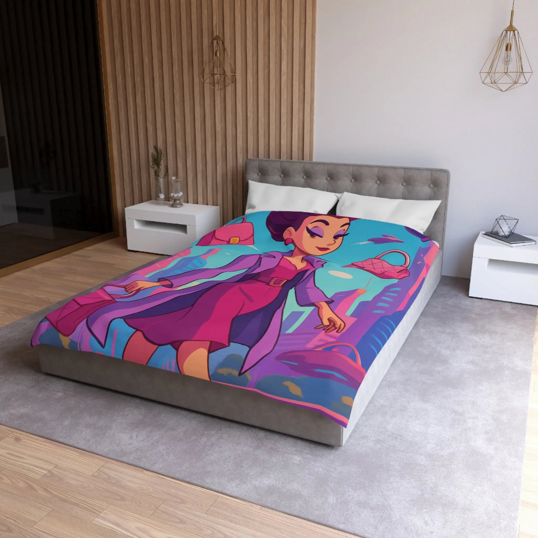 Élégante illustration urbaine rétro-futuriste avec personnage glamour et accessoires stylés en rose