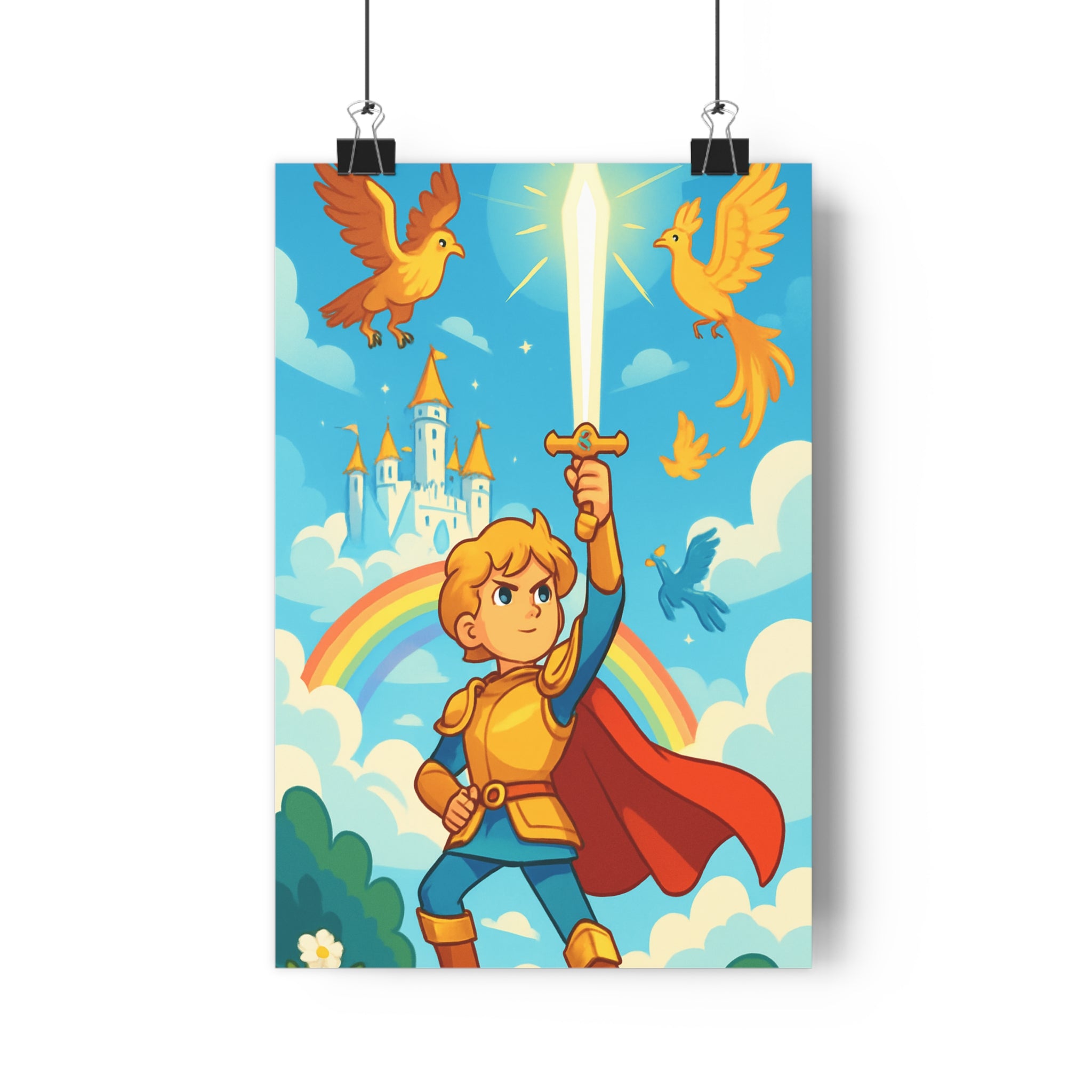 Poster décoratif héros doré épée lumineuse château nuage arcenciel fantaisie aventure chambre enfant mural