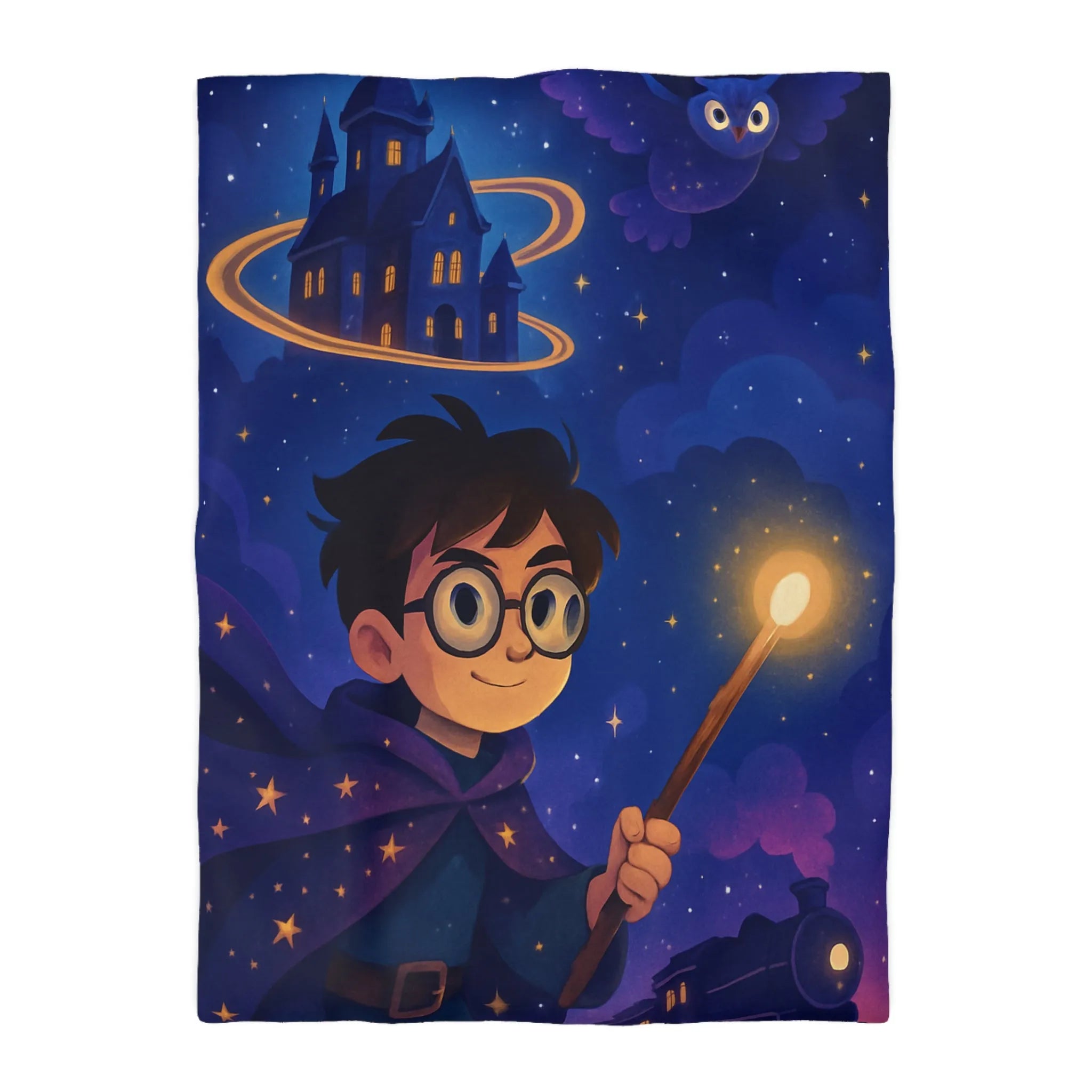 Housse de couette magique bleu nuit avec château, hibou et train enchanté