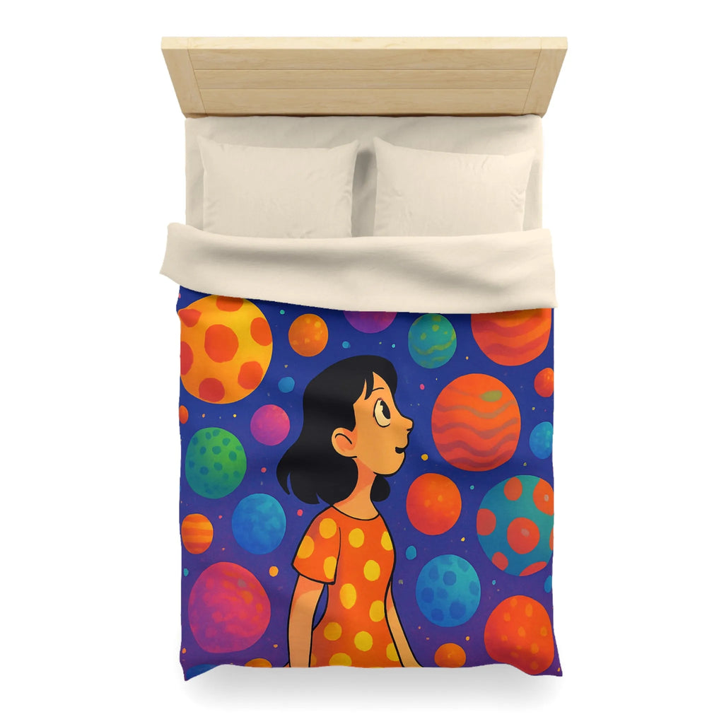 Housse de couette colorée avec motif de planètes et enfant rêveur dans l'espace