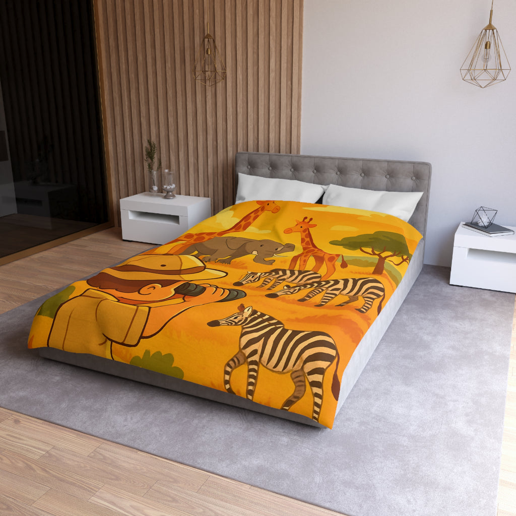 Housse de couette safari enfant avec éléphant, girafes et zèbres dans savane ensoleillée