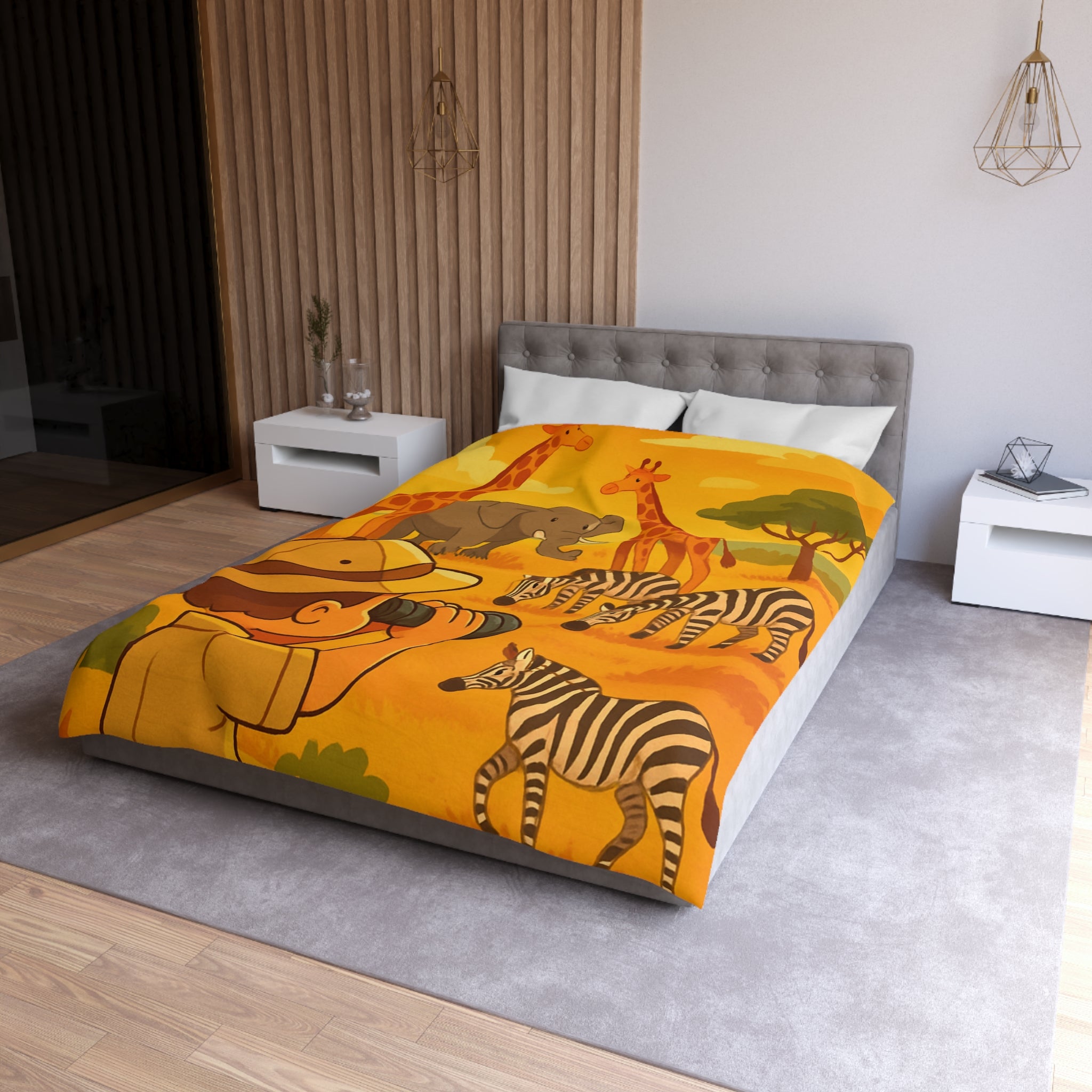 Housse de couette safari enfant avec éléphant, girafes et zèbres dans savane ensoleillée