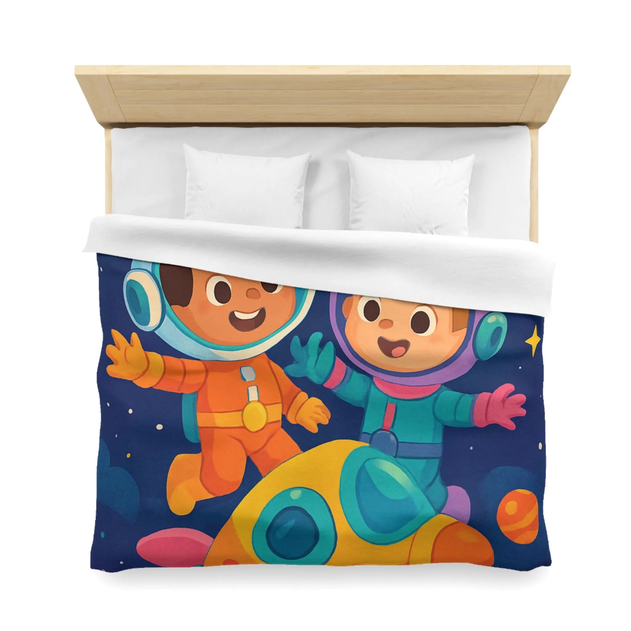 Couette Enfantine Cosmos : Enfants en Vaisseau Spatial avec Planètes et Étoiles Colorées
