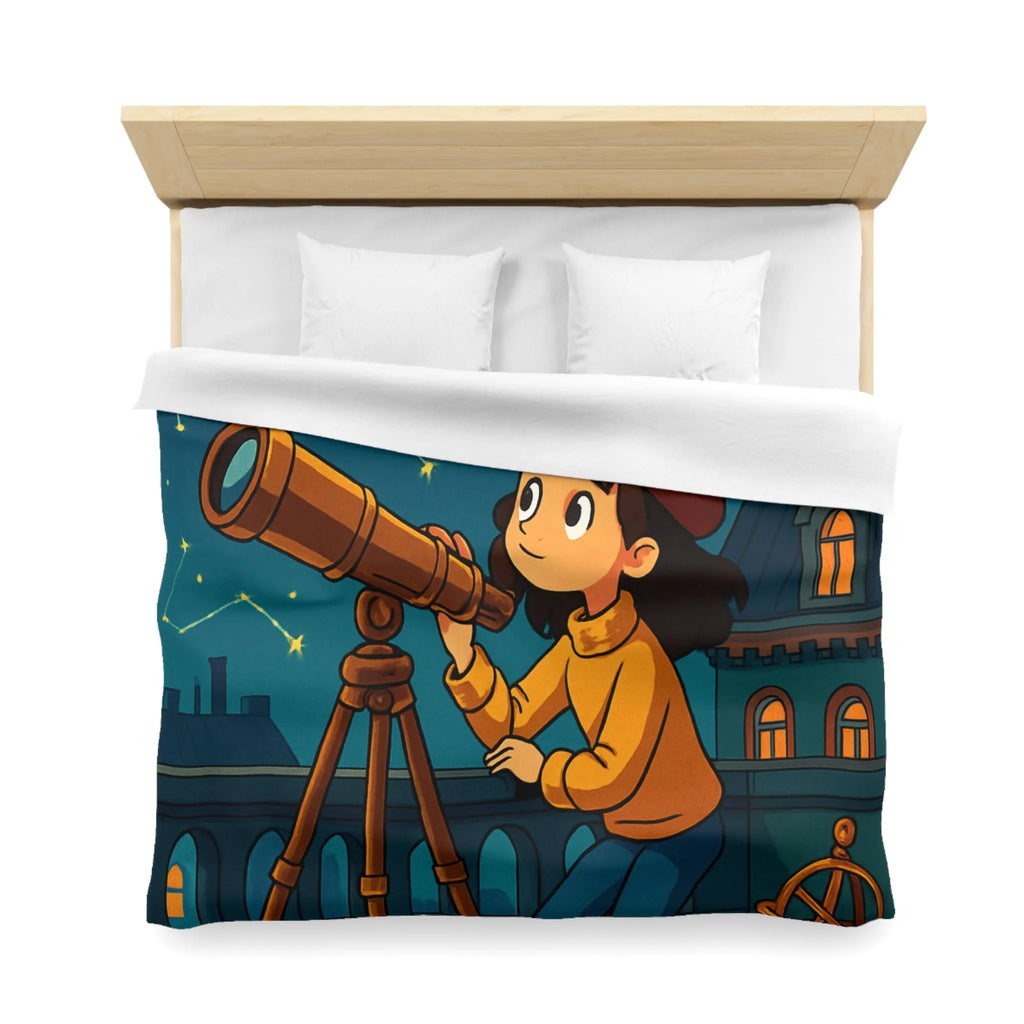 Housse de Couette Enfant Astronome avec Télescope, Ciel Étoilé Magique et Constellations