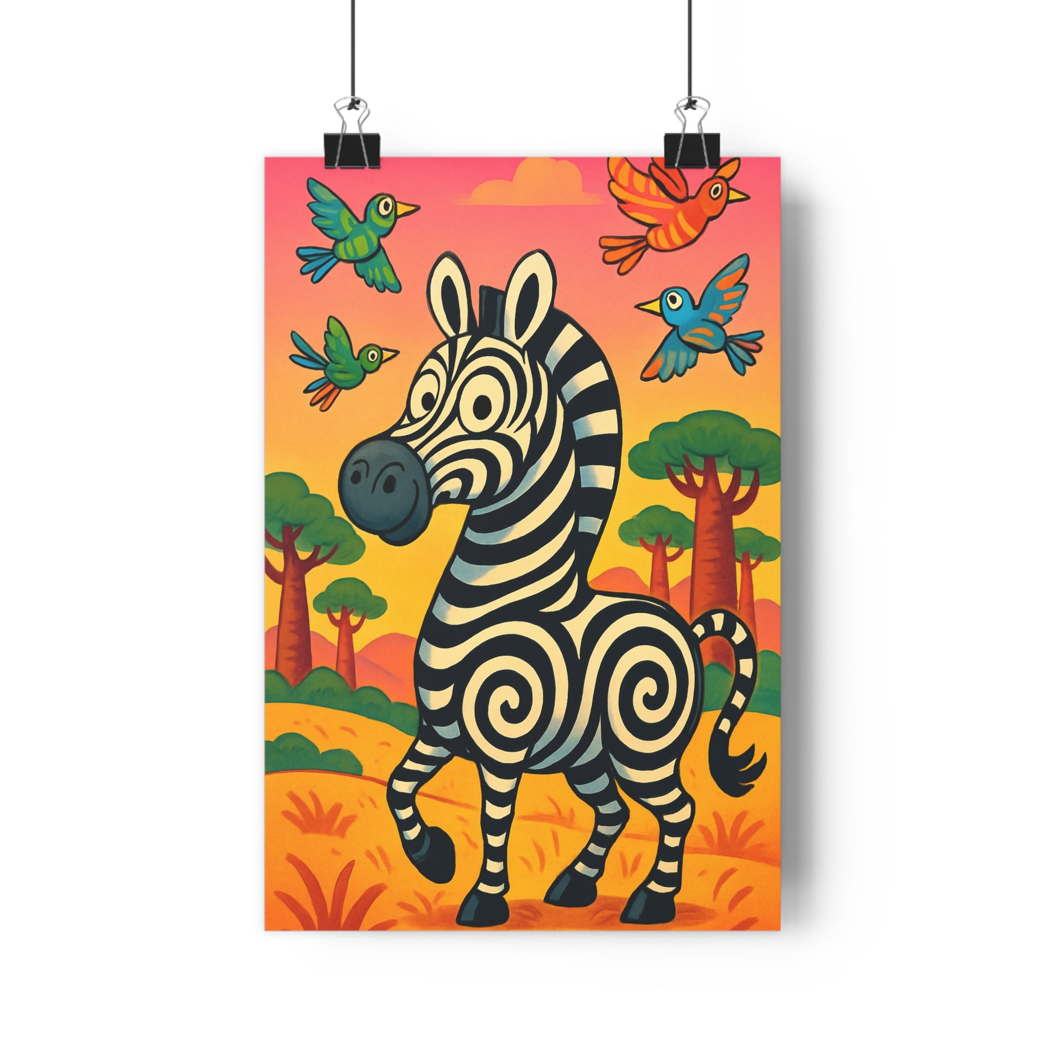 Poster décoratif cartoon zèbre noir blanc oiseaux colorés joyeux enfant chambre savane 30x46 cm