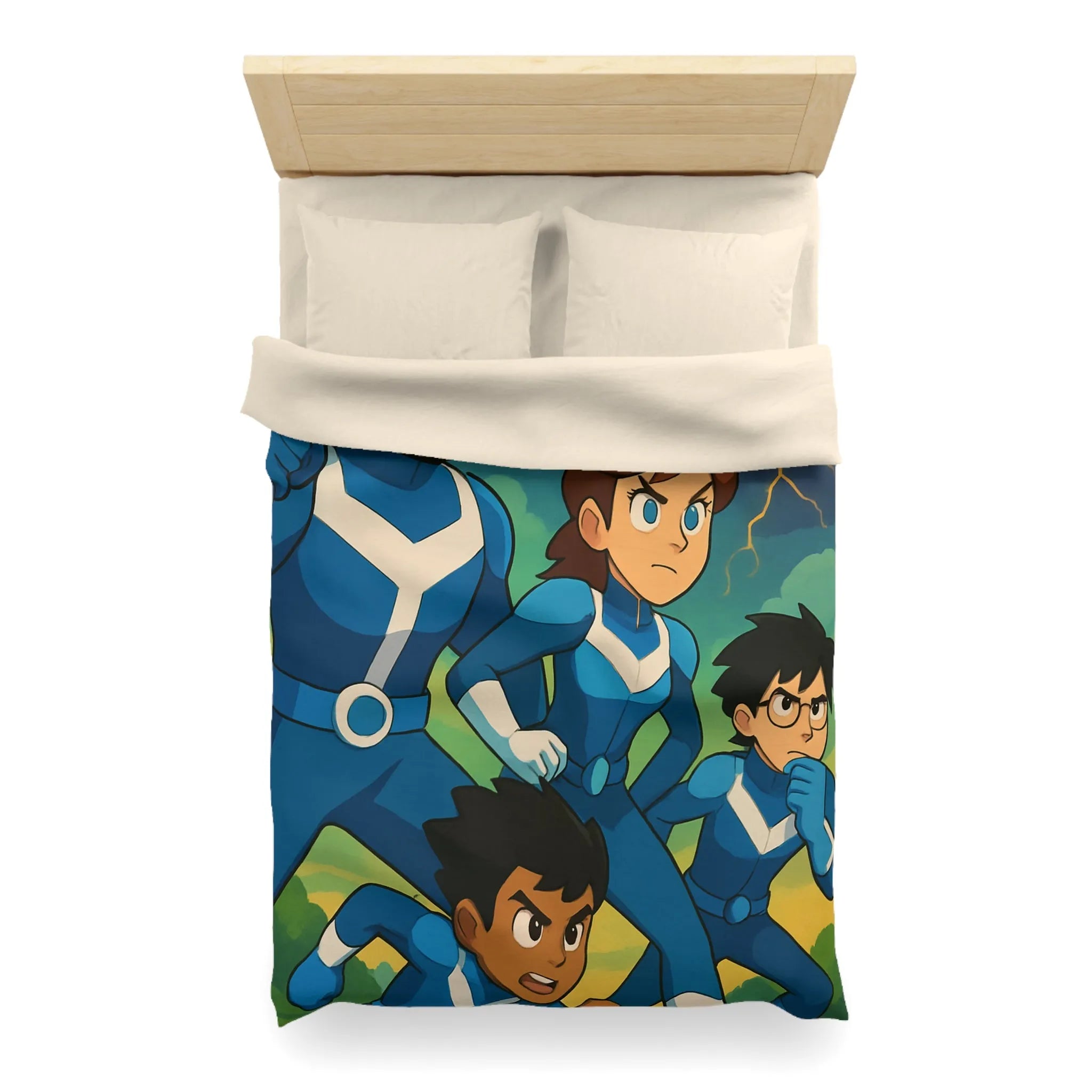 Housse de couette aventure : personnages animés et ciel orageux captivant pour chambre dynamique