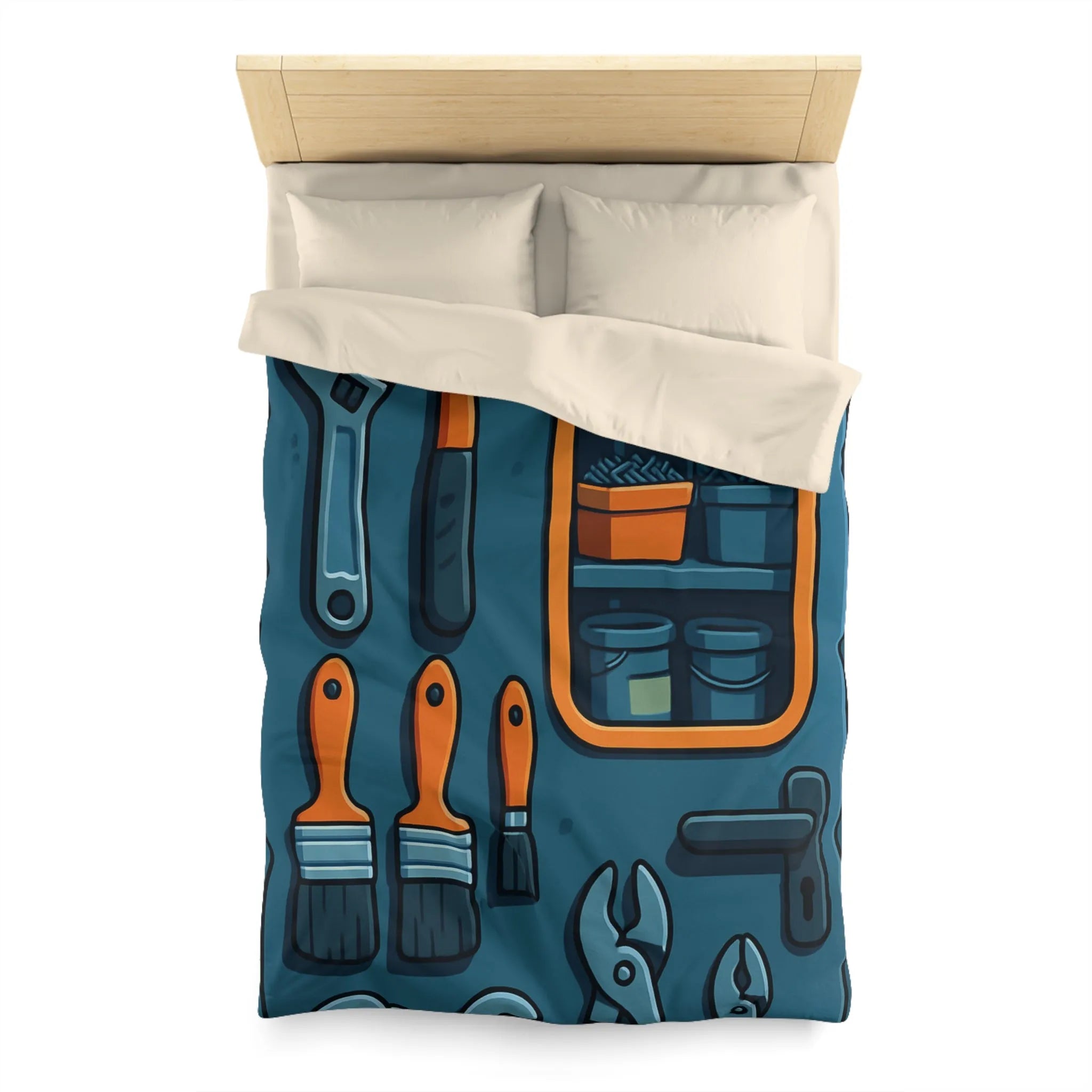 Housse de couette bleue avec outils et étagères pour atelier créatif moderne