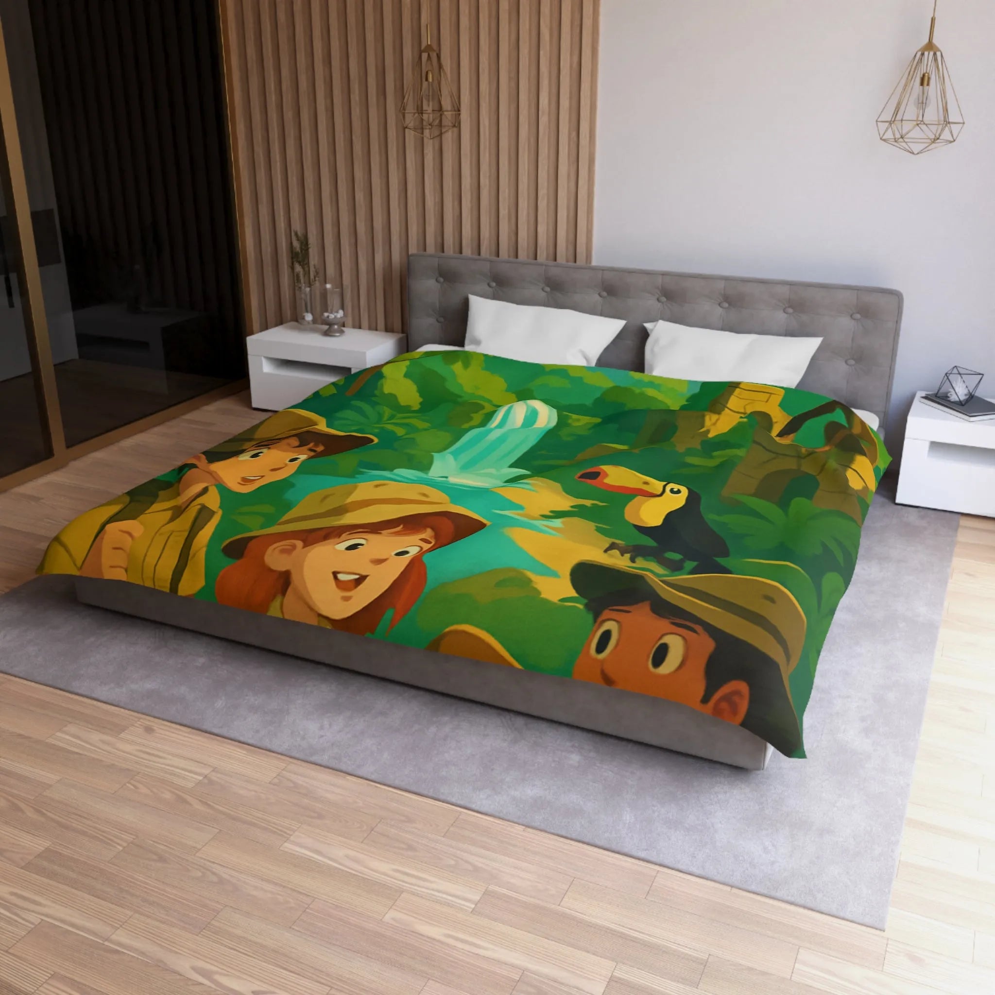 Housse de Couette Jungle Aventure Enfants avec Toucan, Monuments et Cascade Colorés