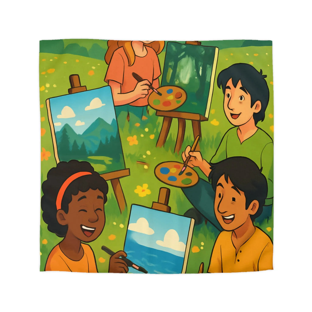 Housse de couette décorative avec enfants peignant dans champ fleuri en plein air