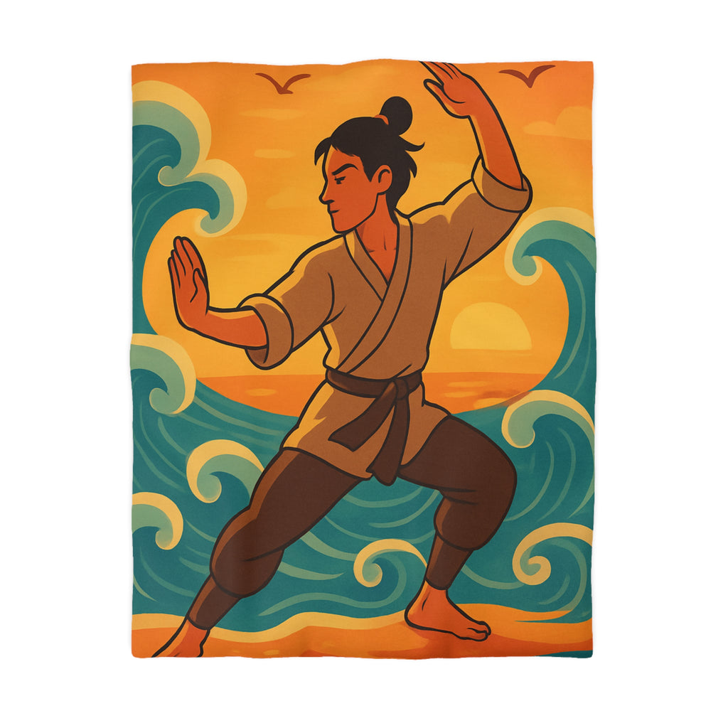 Housse de Couette Style Japonais Art Martial Coucher de Soleil et Océan Bleu