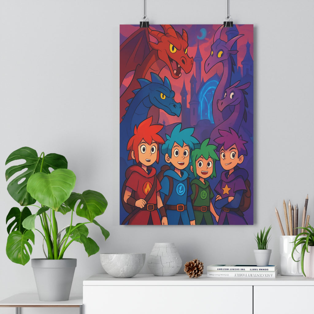 Poster décoratif animé rouge bleu violet enfants aventure magique chambre fantastique moderne coloré dynamique