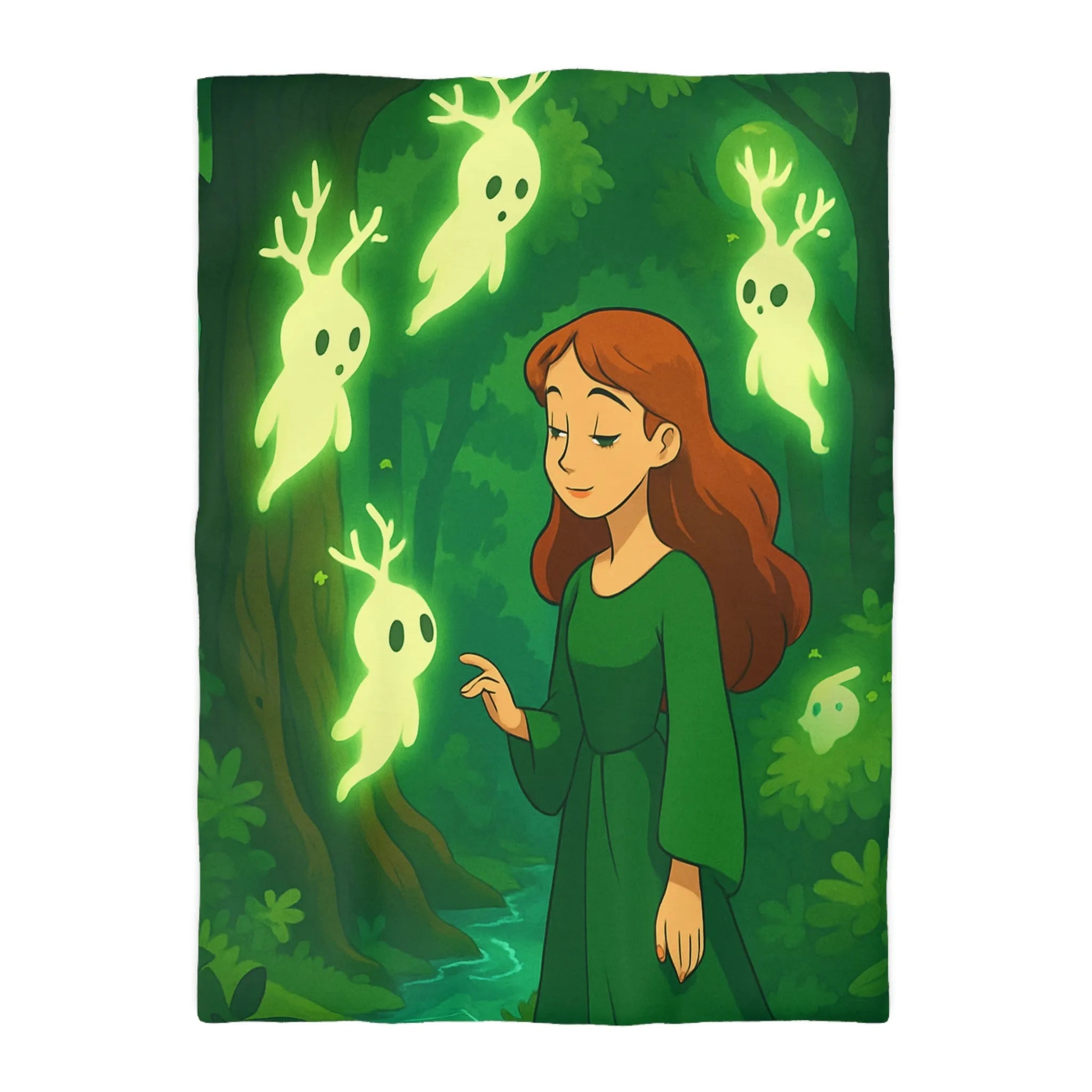 Housse de couette enchantée avec esprits lumineux dans une forêt mystérieuse et verdoyante