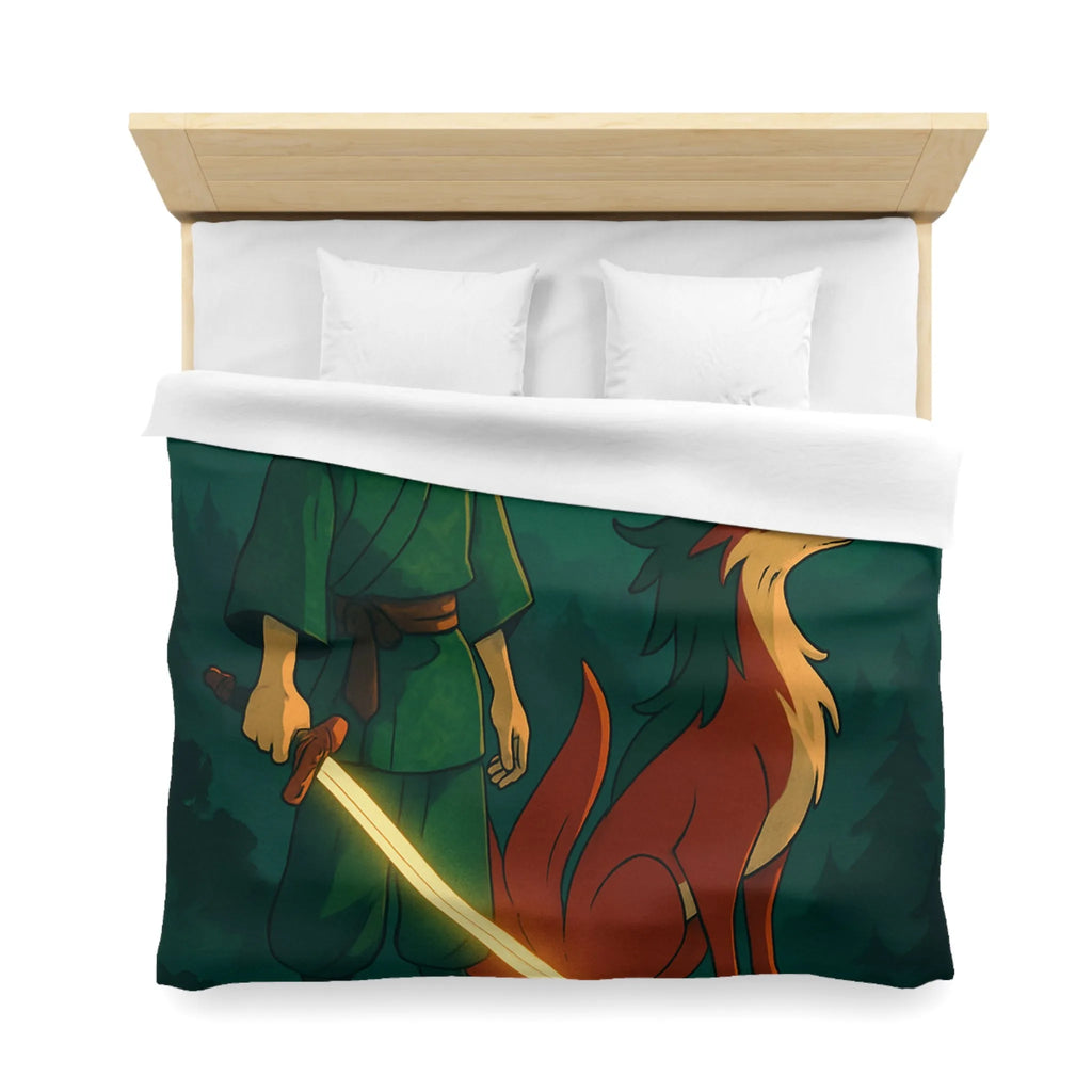 Housse de couette épique avec lune rouge, scène mystique et créature légendaire