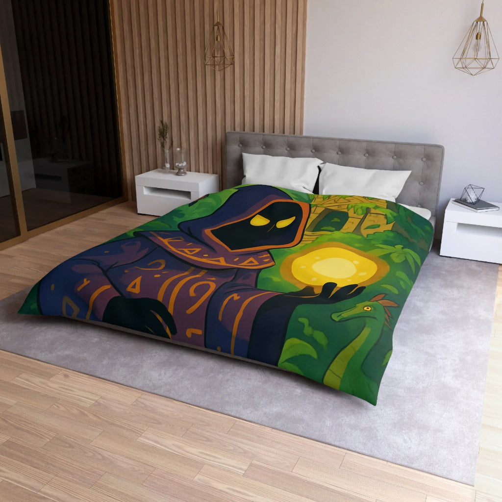 Housse de couette ambiance mystique avec mage sombre dans jungle énigmatique et temple ancien