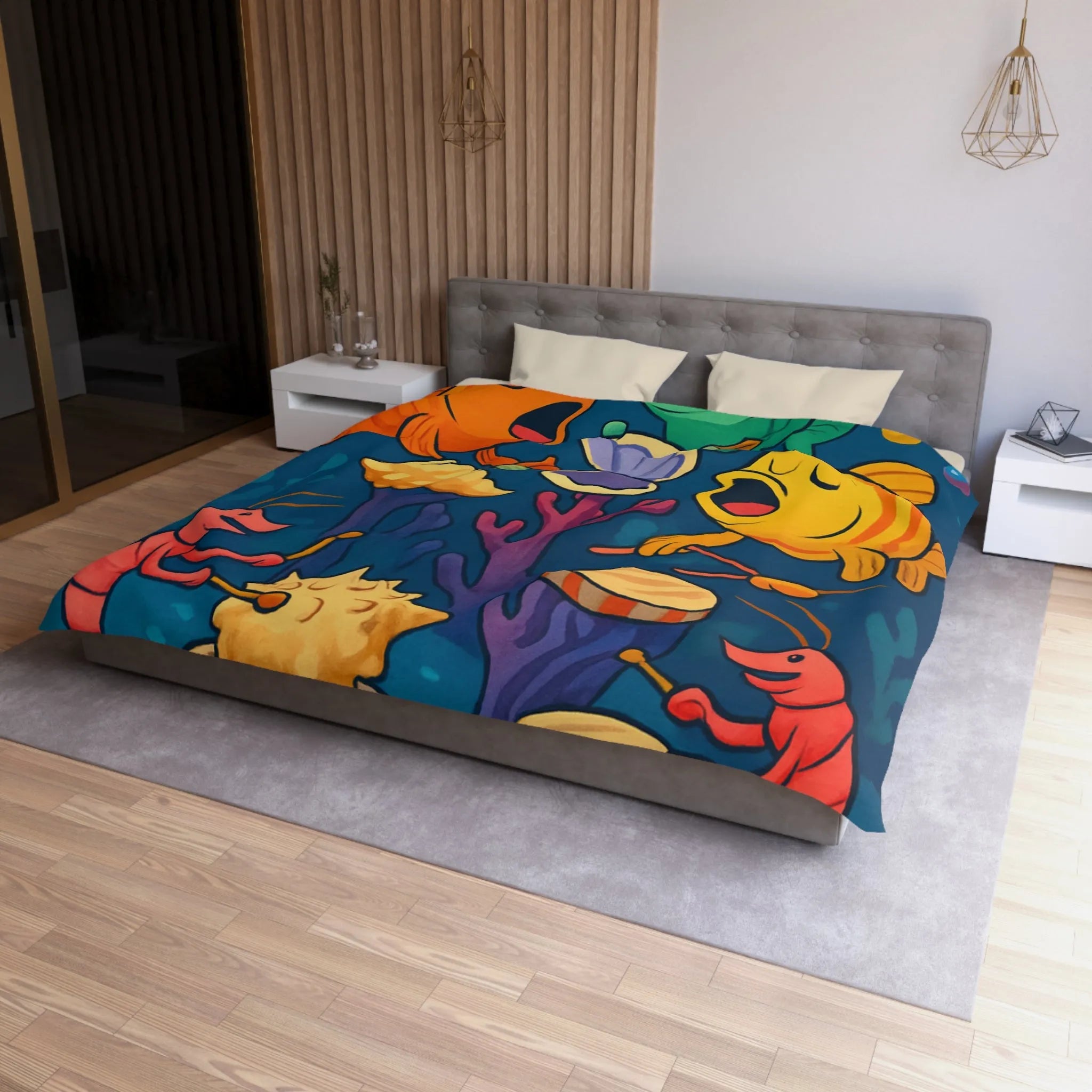 Housse de couette illustration colorée avec poissons chantants et crustacés musicaux sous l'océan
