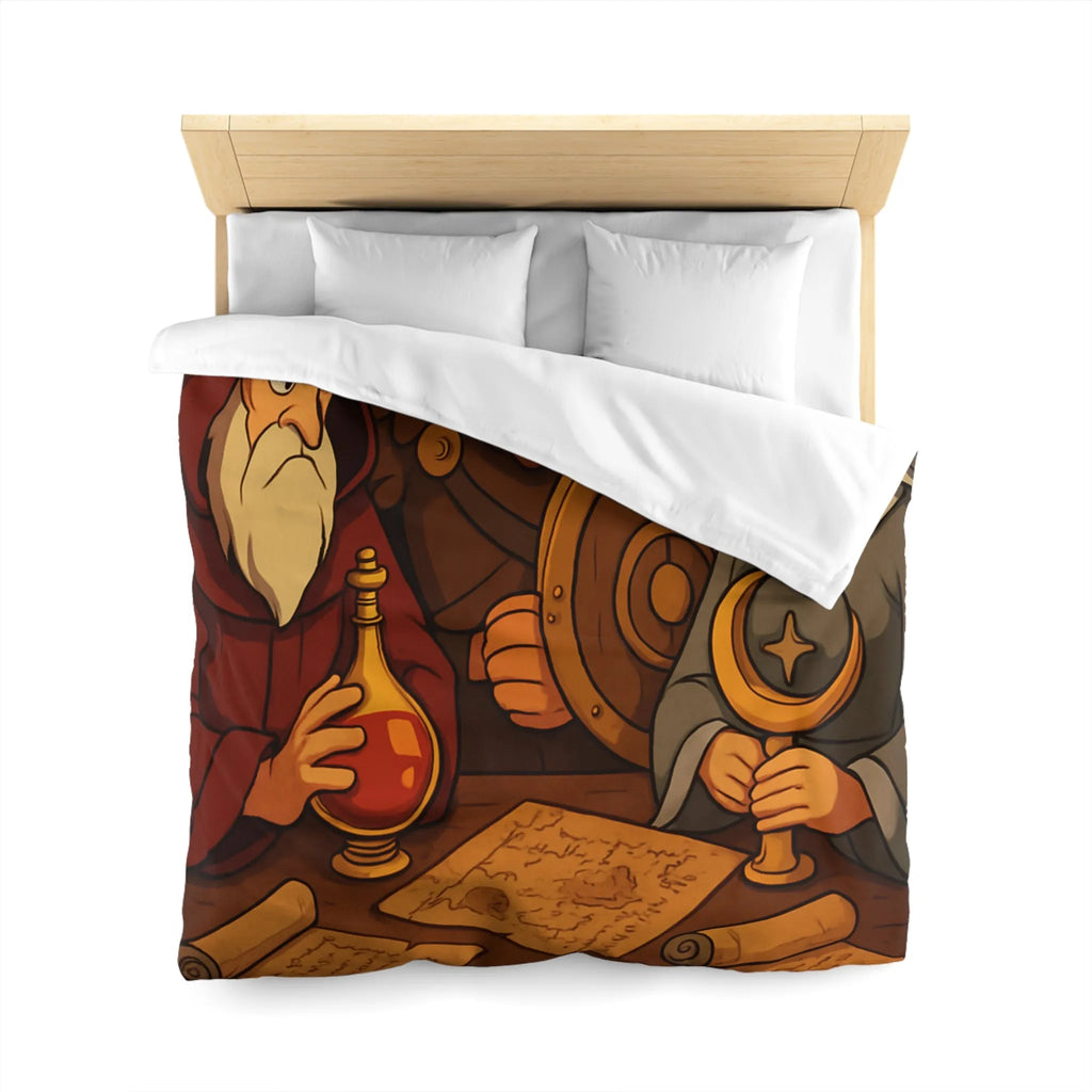 Housse de couette médiévale avec guerrier, mage et princesse tenant des artefacts anciens