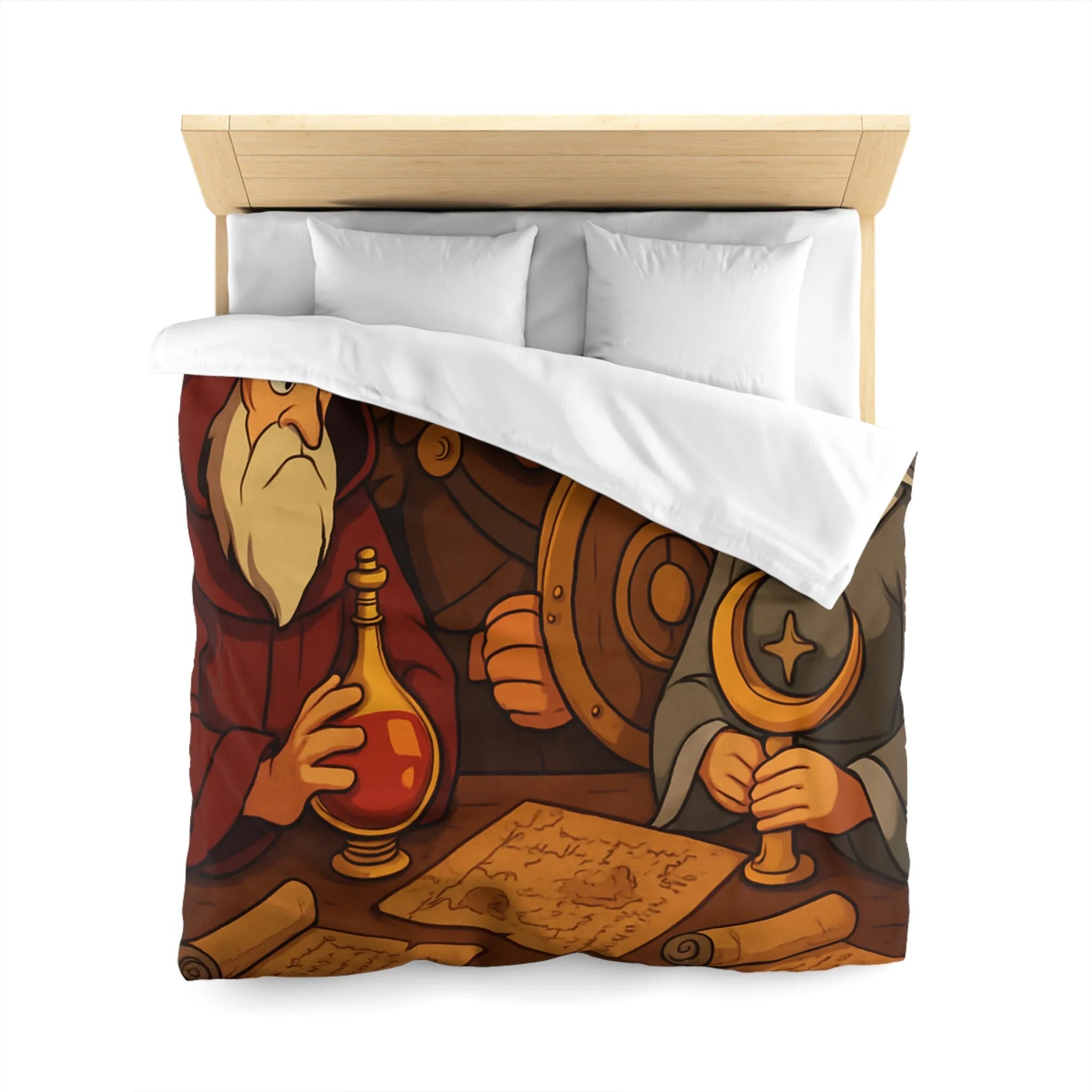 Housse de couette médiévale avec guerrier, mage et princesse tenant des artefacts anciens