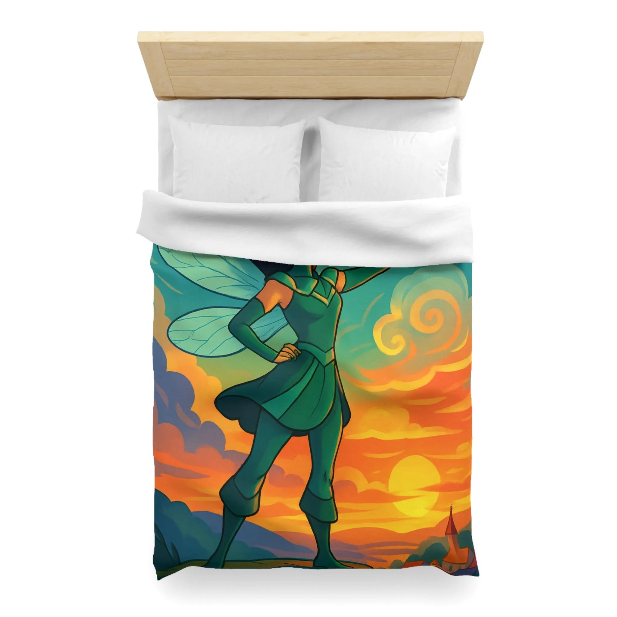 Housse de Couette Fée Magique sur La Falaise au Coucher de Soleil Éblouissant