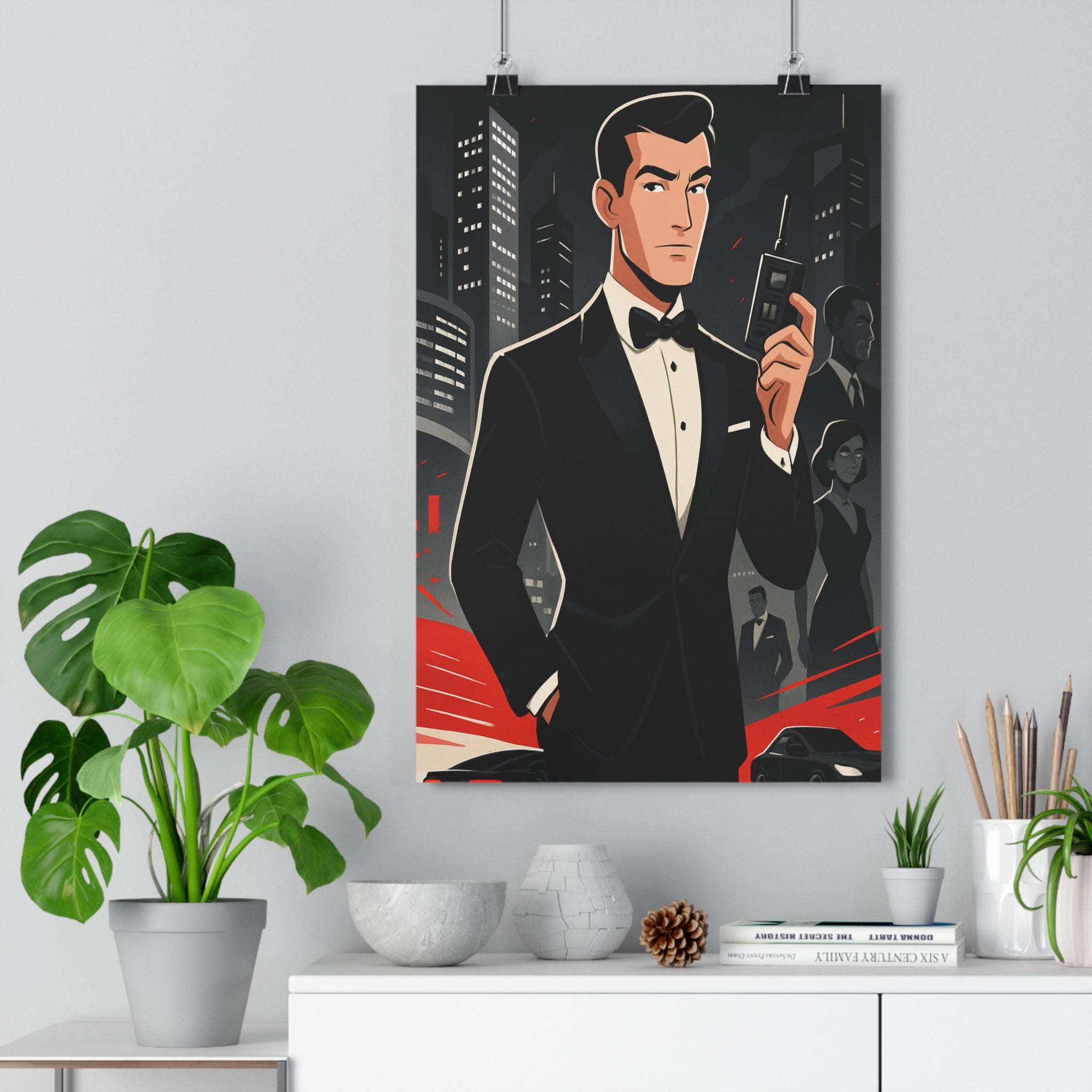 Poster décoratif cartoon rouge noir mystère élégant bureau salon format 30x46 homme gadget intrigue
