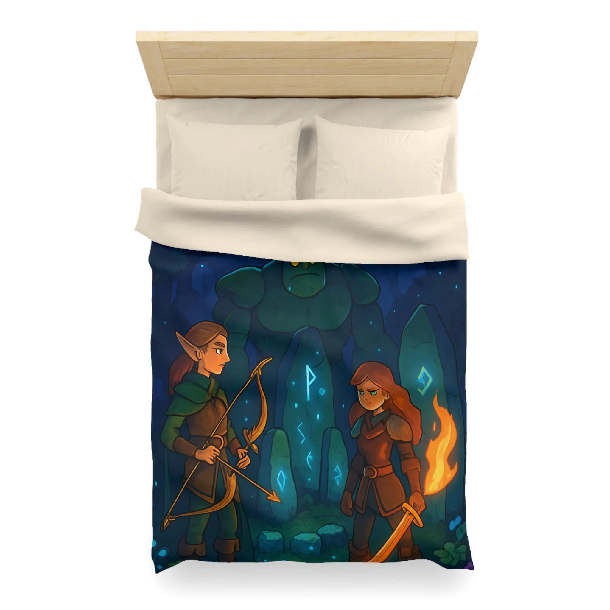 Housse de couette avec illustration de forêt mystique illuminée par runes magiques et lune