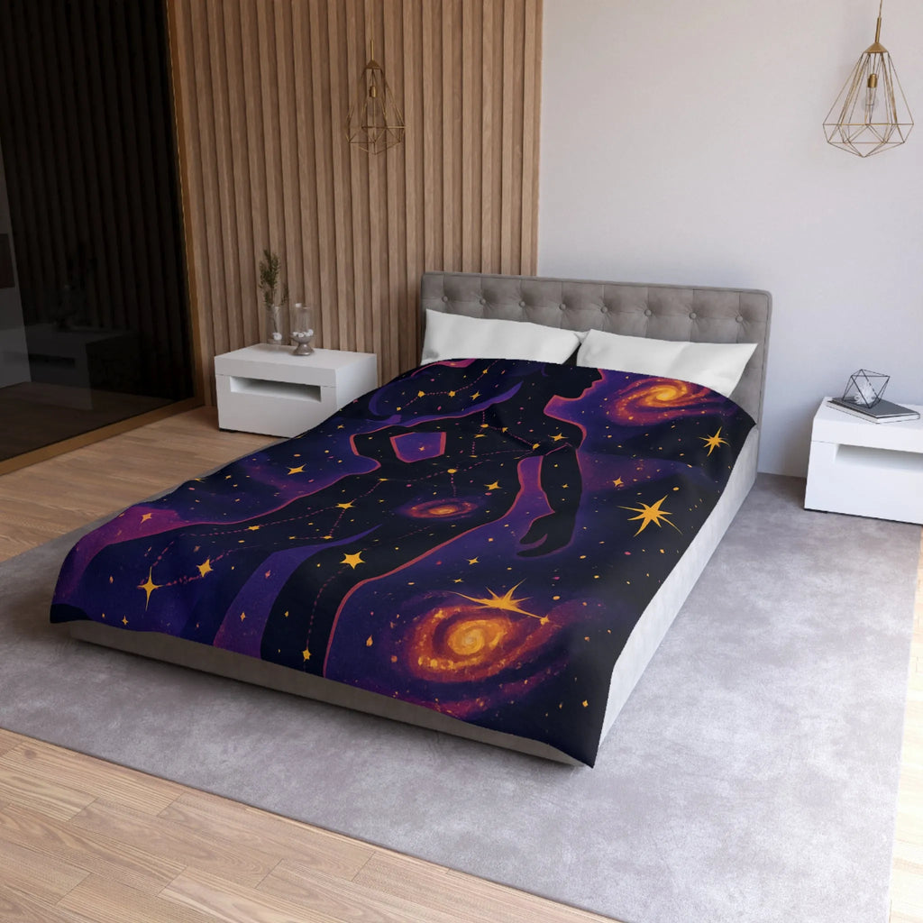 Housse de couette artistique silhouette femme constellation étoiles nébuleuses ambiance cosmique