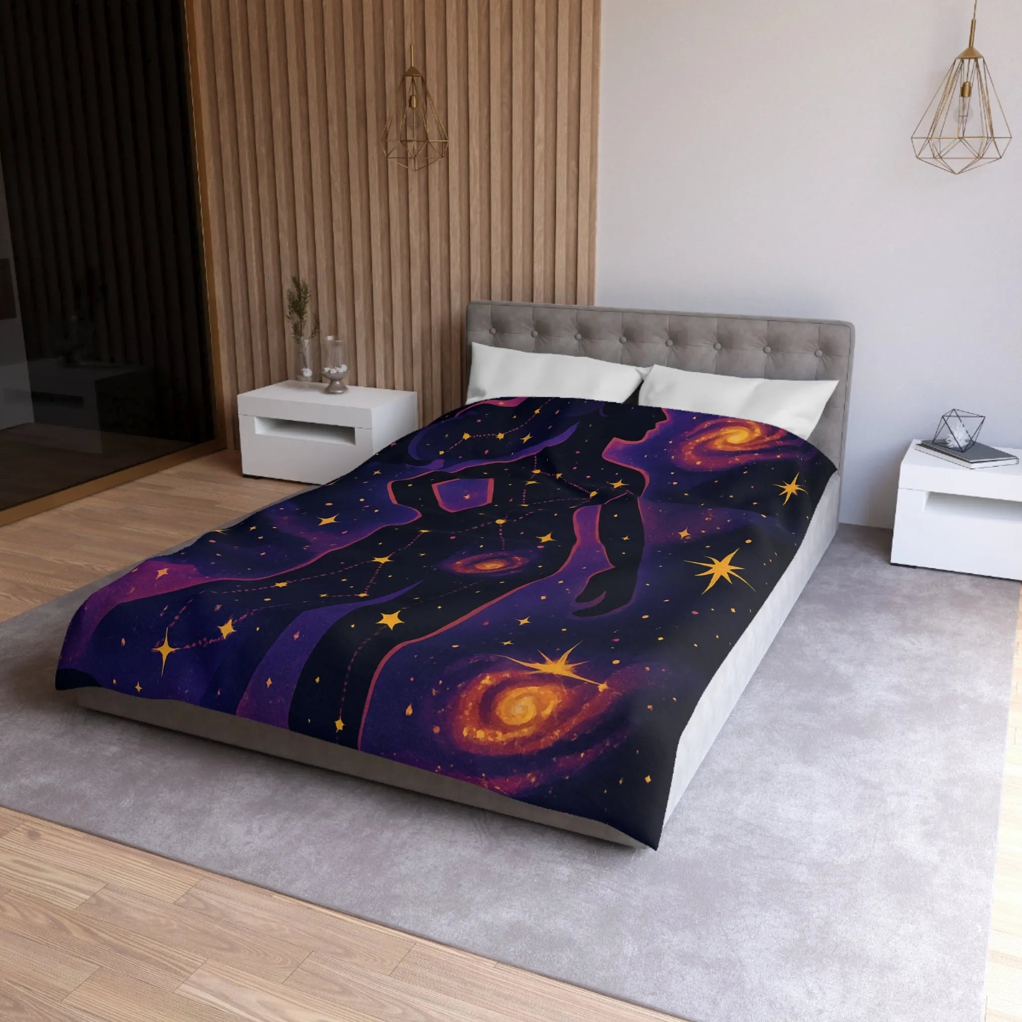 Housse de couette artistique silhouette femme constellation étoiles nébuleuses ambiance cosmique