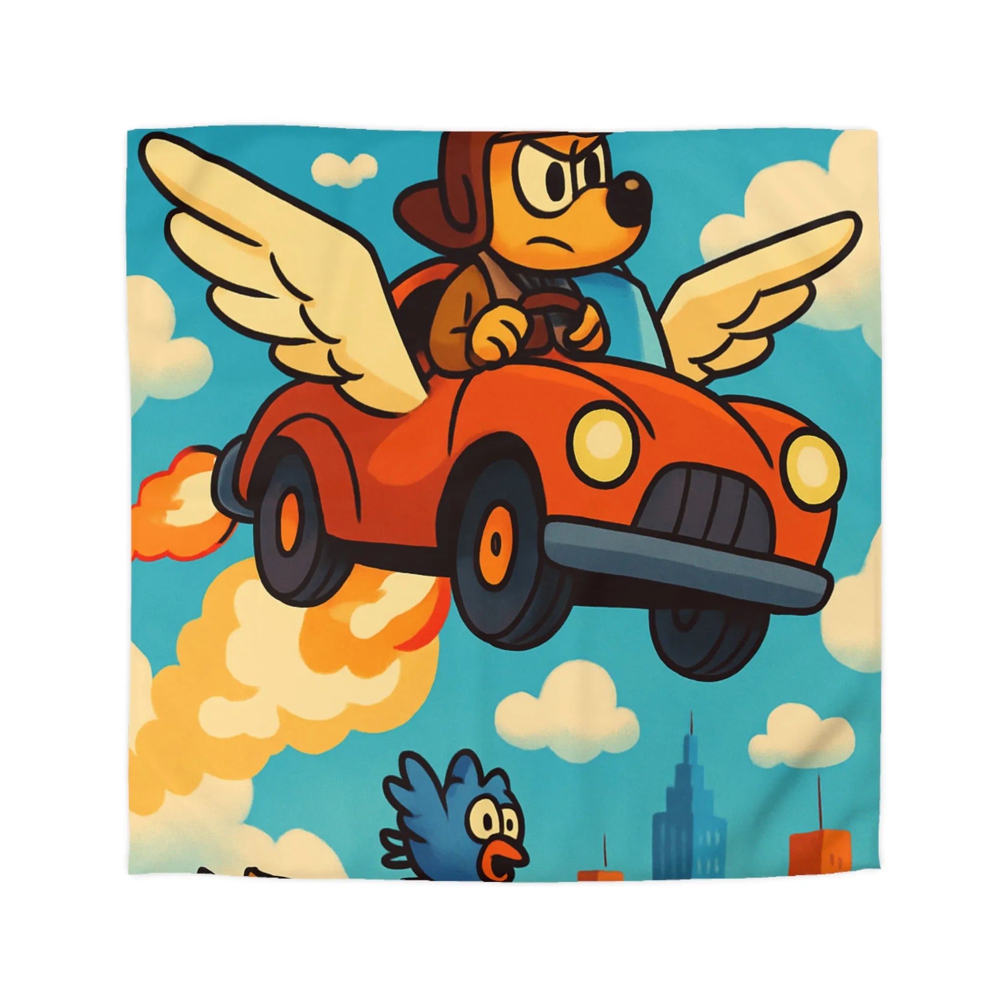 Housse de couette colorée avec chien volant dans voiture ailée au-dessus de ville cartoon