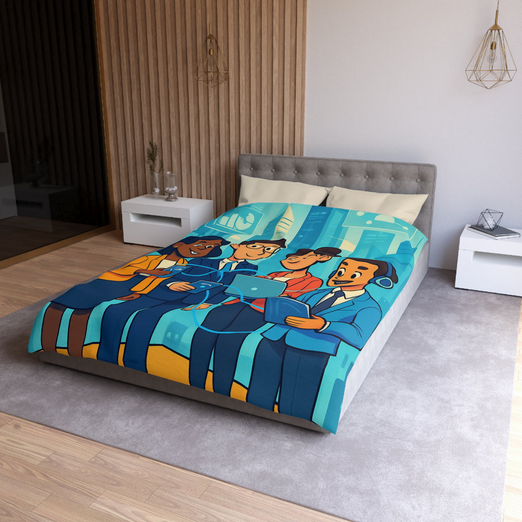 Housse de couette moderne illustrant équipe collaborative en milieu urbain technologique