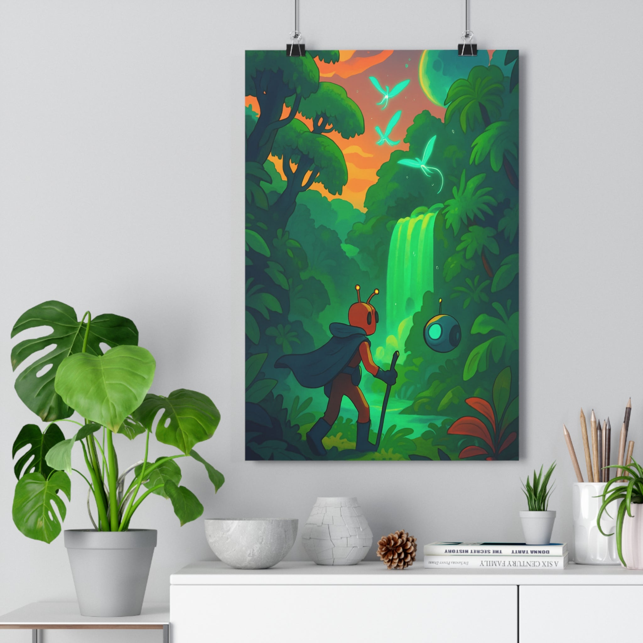 Poster décoratif vert émeraude futuriste cartoon aventure nature jungle salon chambre cascade lumière qualité