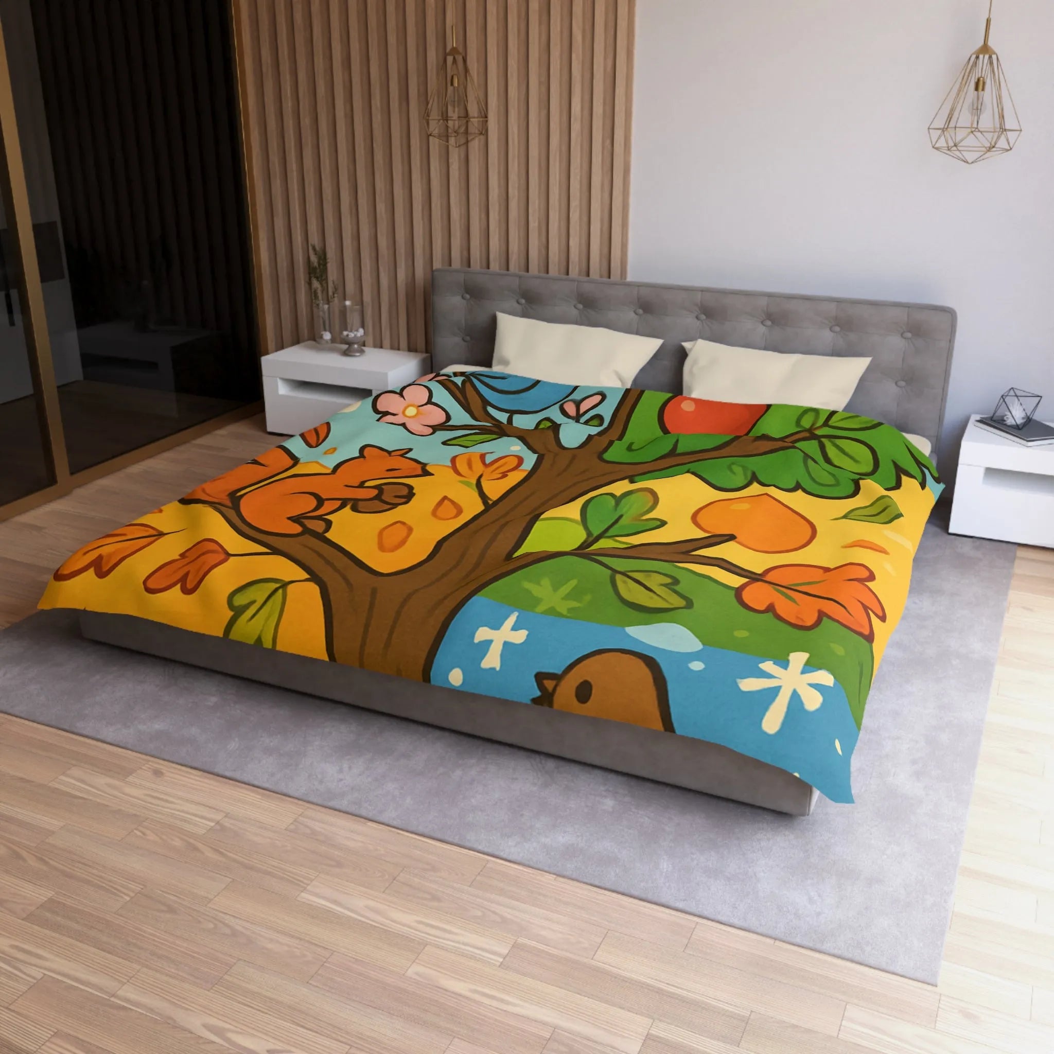 Housse de couette illustrée de l'arbre des quatre saisons avec nature et faune