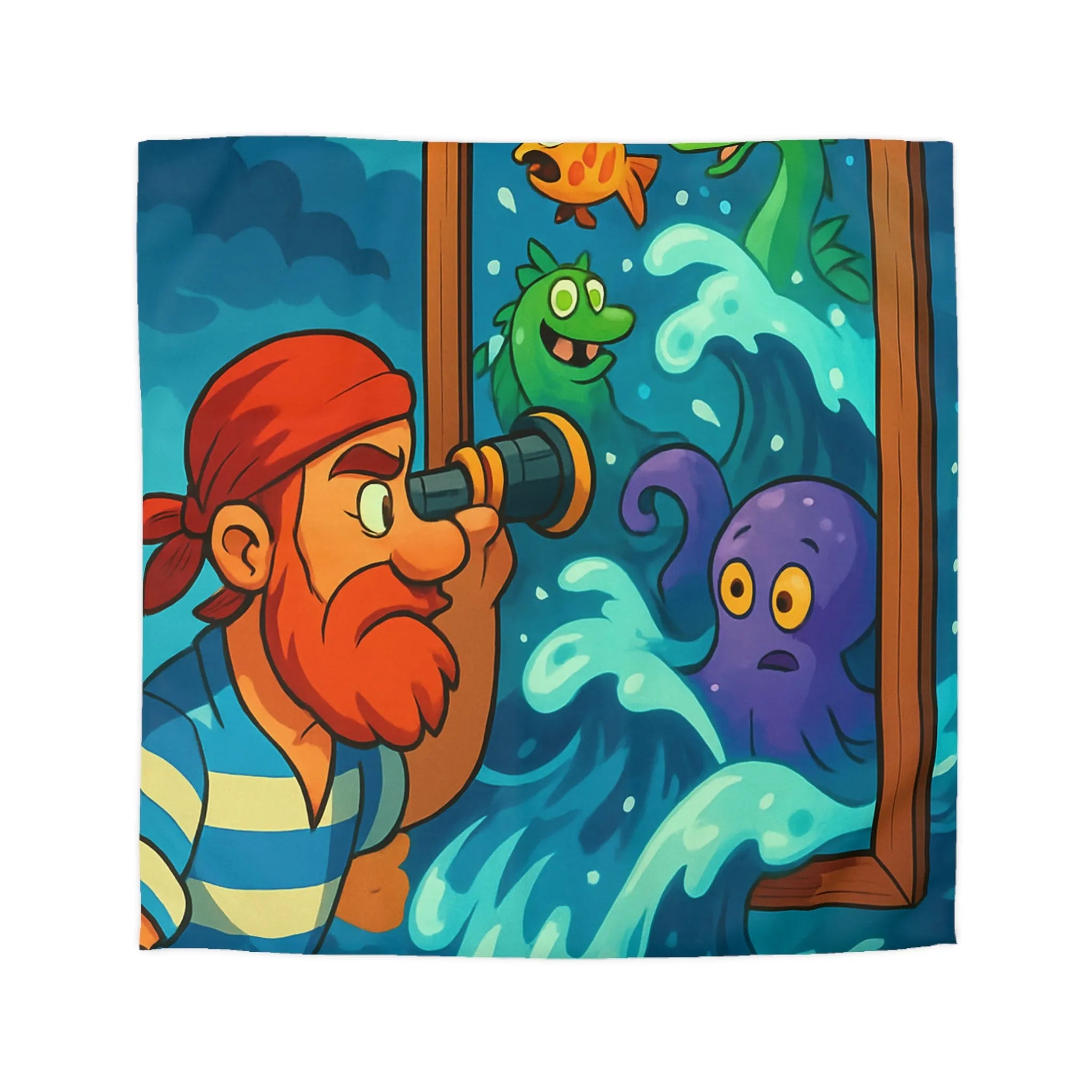 Housse de couette avec pirate observant créatures marines dans scène colorée et ludique