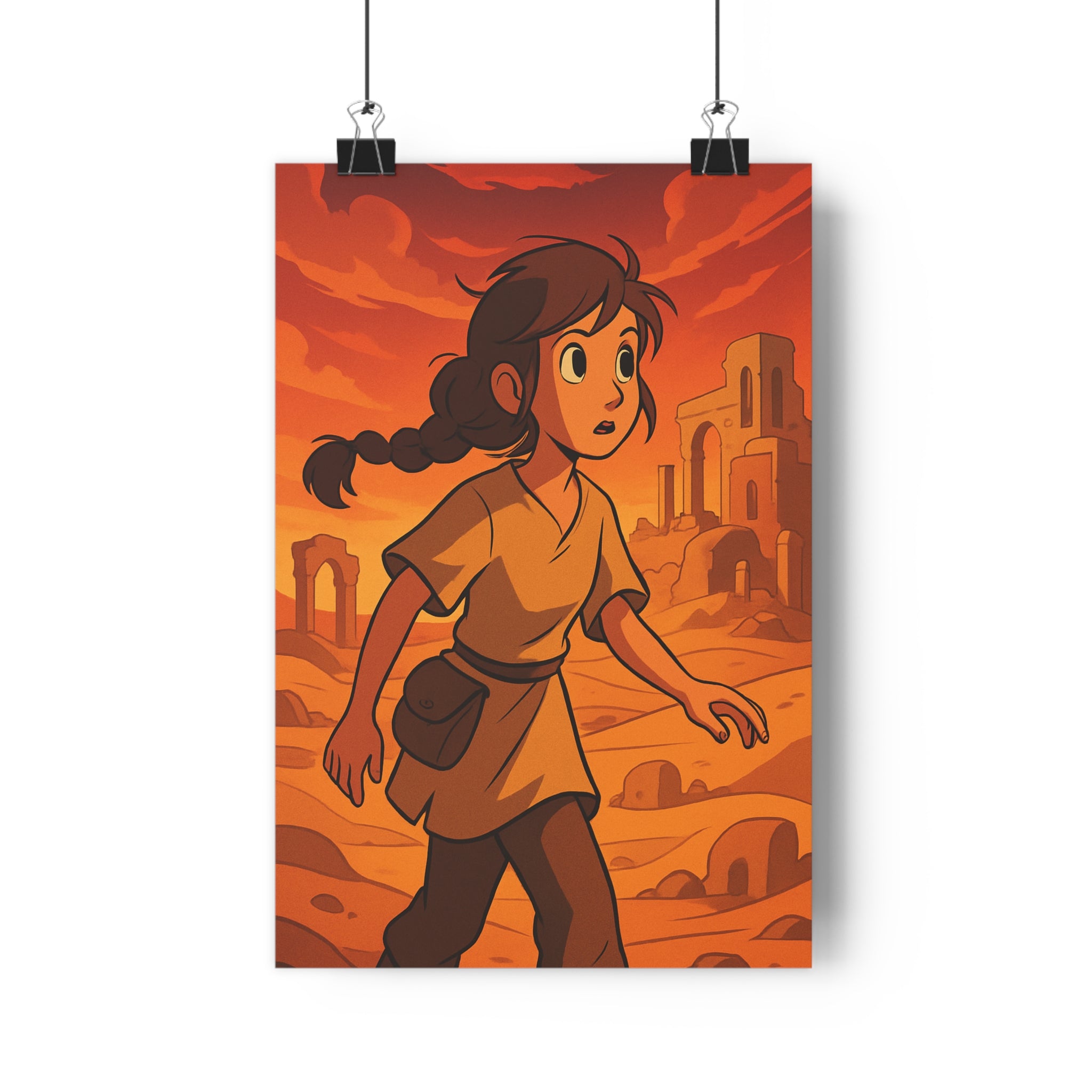 Poster décoratif aventure désert doré cartoon jeune fille ruines ciel salon chambre exploration qualité