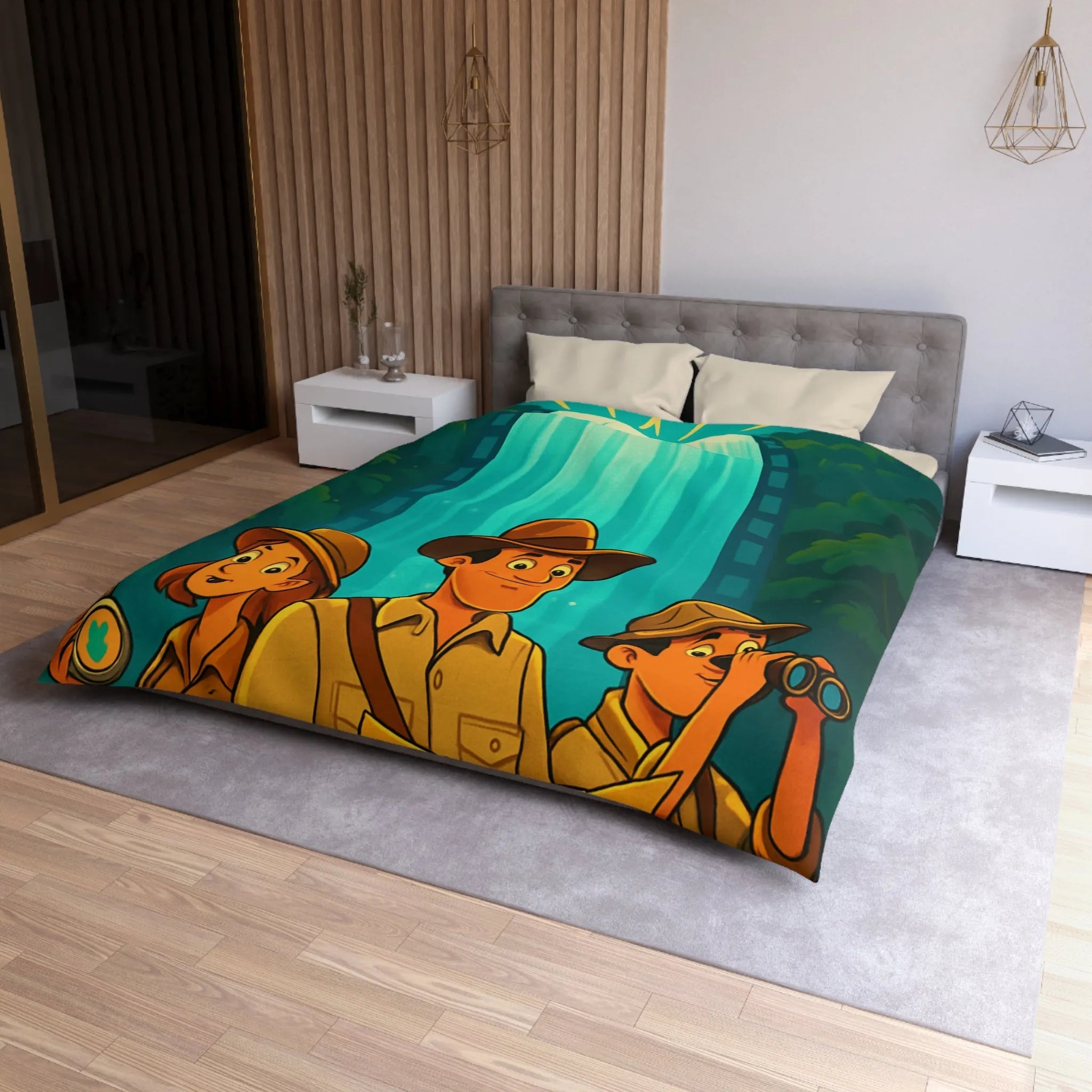 Housse de Couette Aventure Jungle Cascade Éclatante Exploration Famille Style Dessin Dessiné