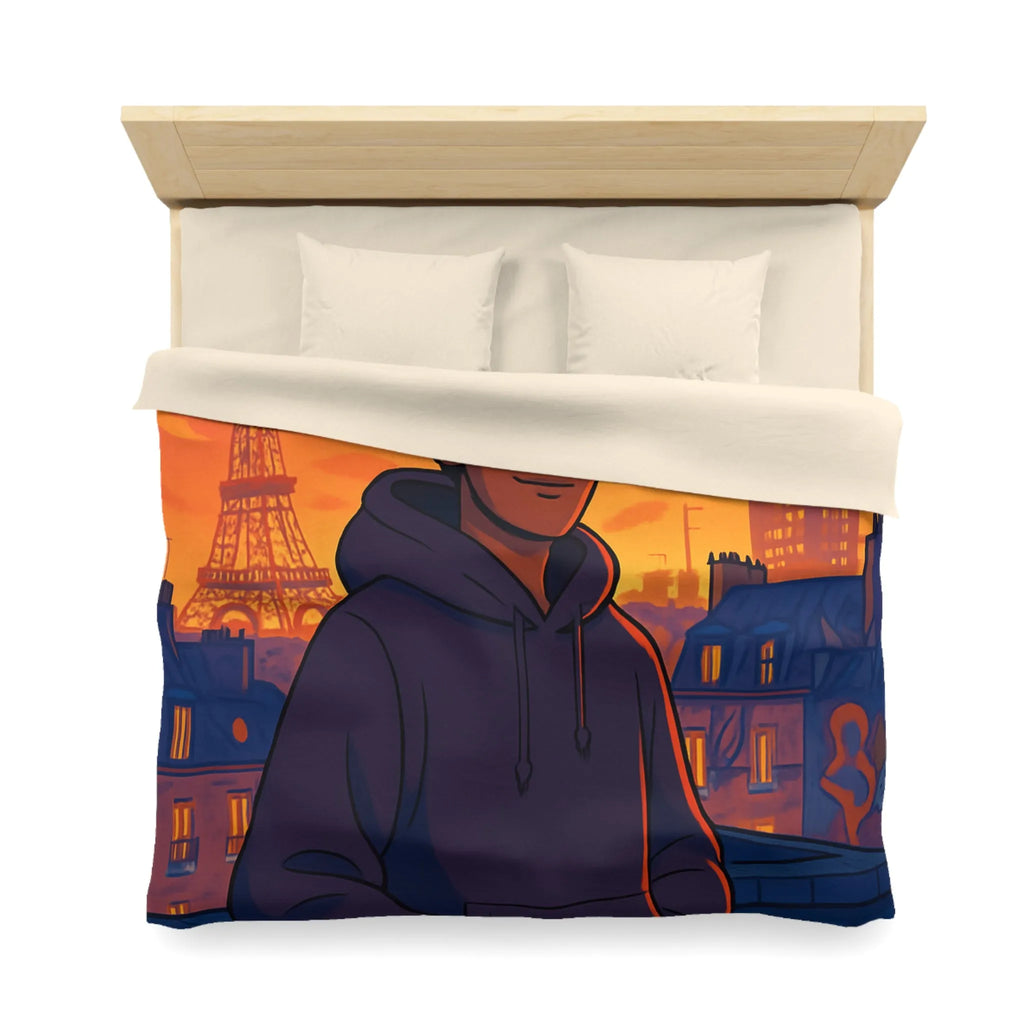 Housse de couette colorée avec ville, tour emblématique et vol de pigeons au crépuscule
