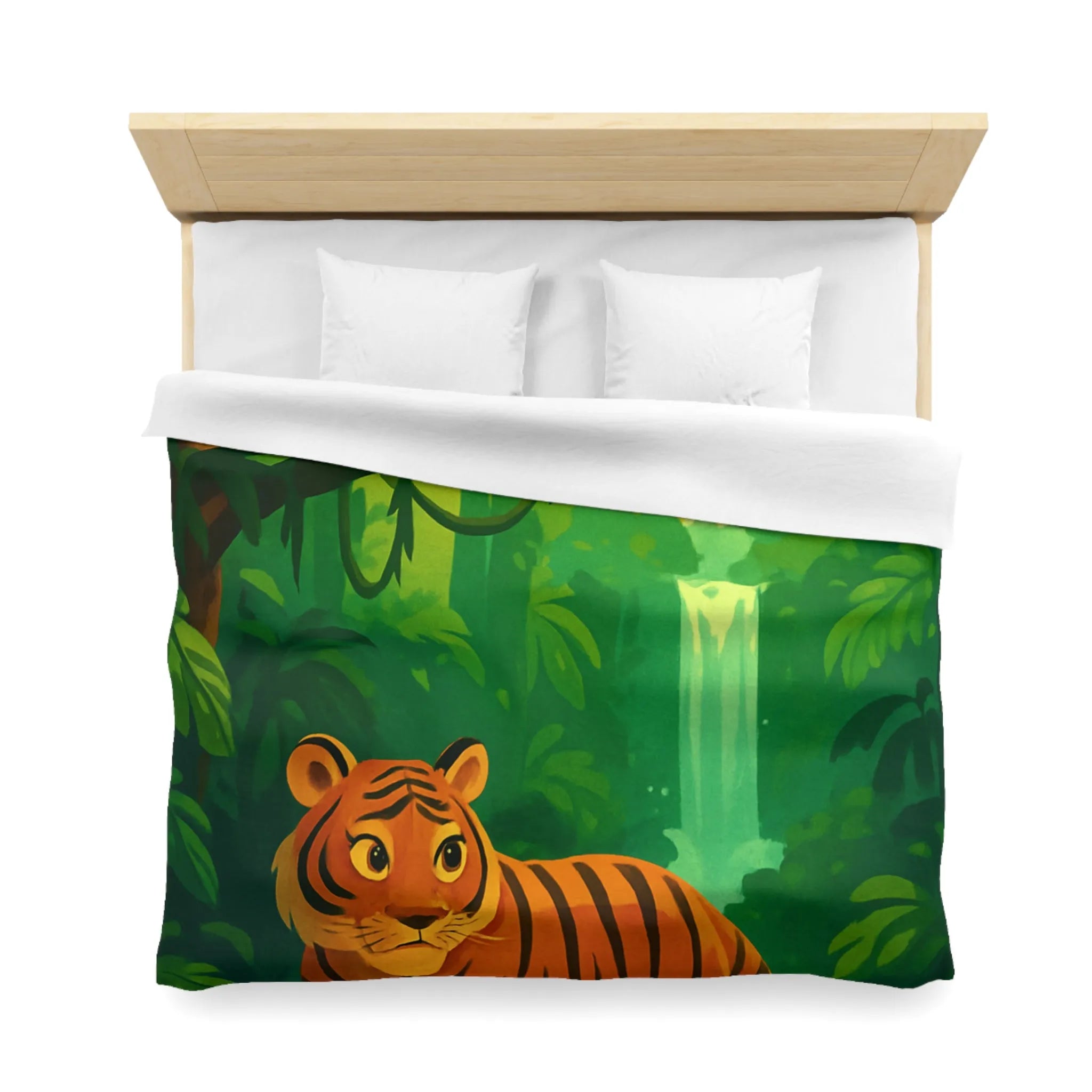 Housse de couette jungle avec tigre, singe et perroquet, cascade en arrière-plan