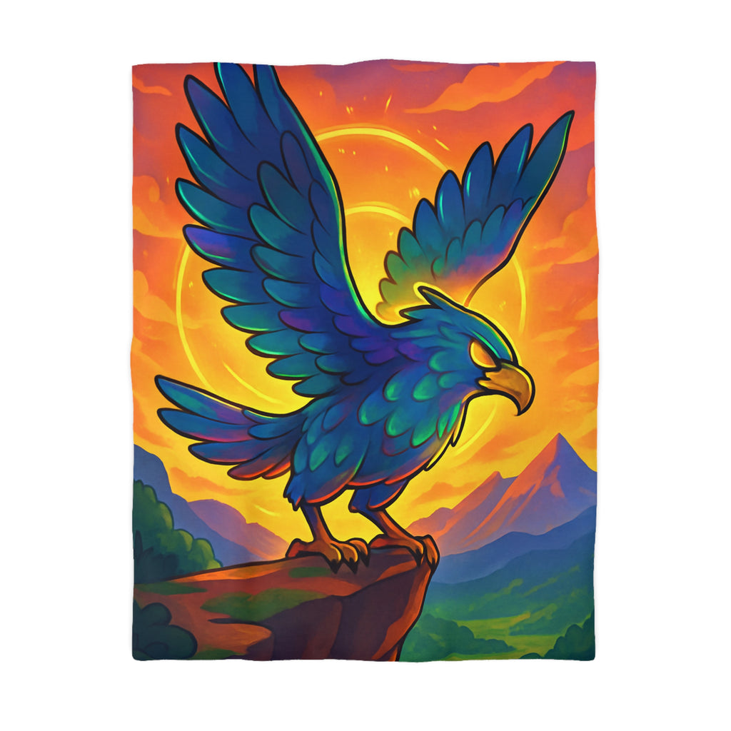 Housse de couette montagneuse avec aigle majestueux et vue spectaculaire au lever du soleil